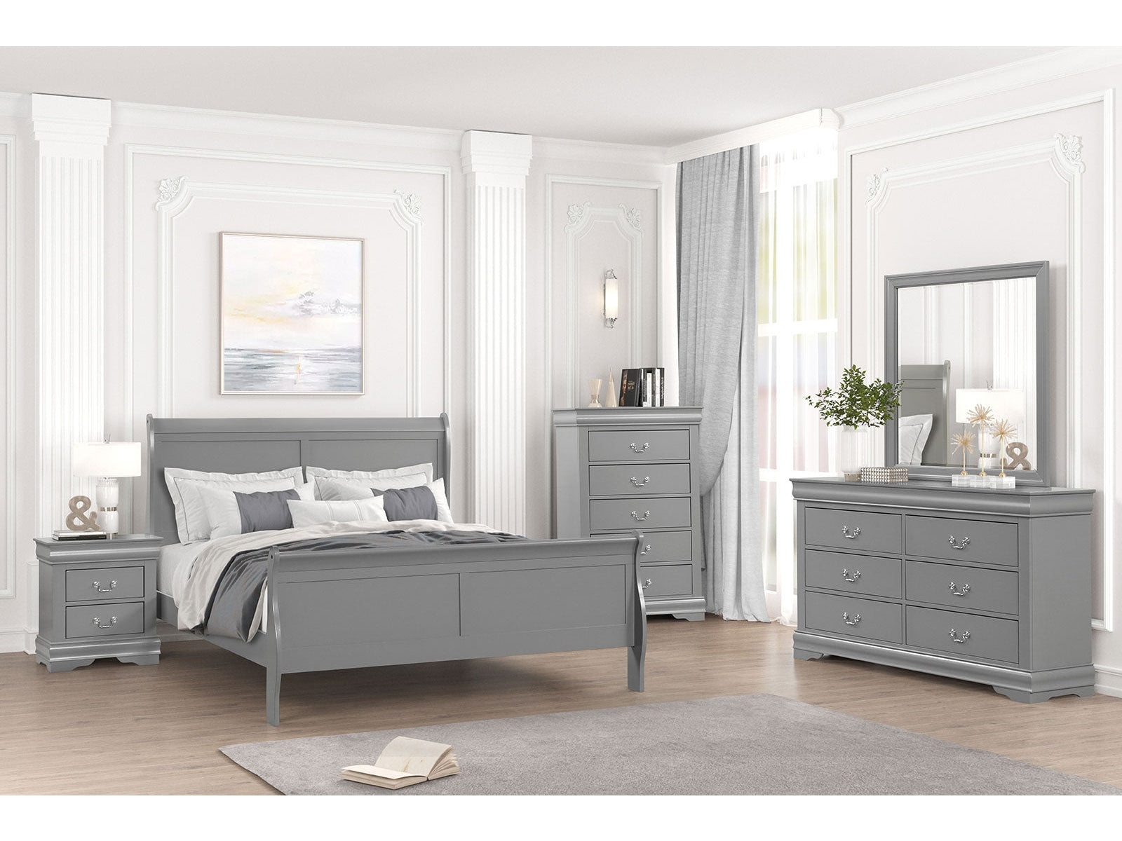 Louis Philippe Gray 5 Pc. Queen Bedroom Set w/ Chest - Ornate Home