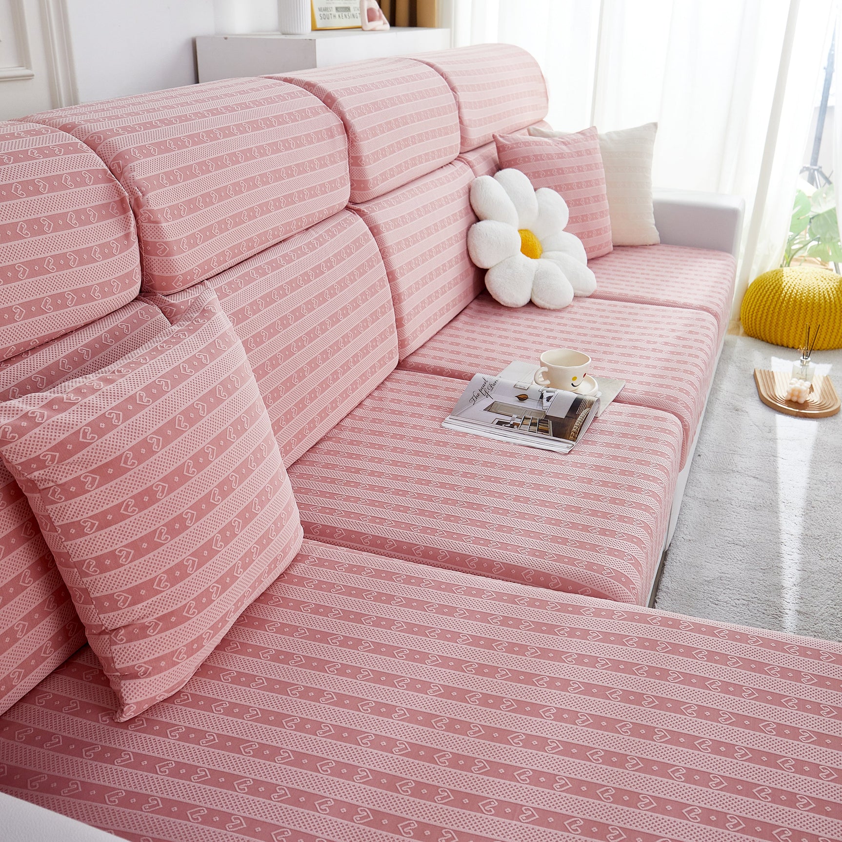 Love Stripe Jacquard Fleece Fabric Stretch Cushion Cover, Non-Slip Furniture Protector for Kids, Couch Cushion Covers - Ornate Home