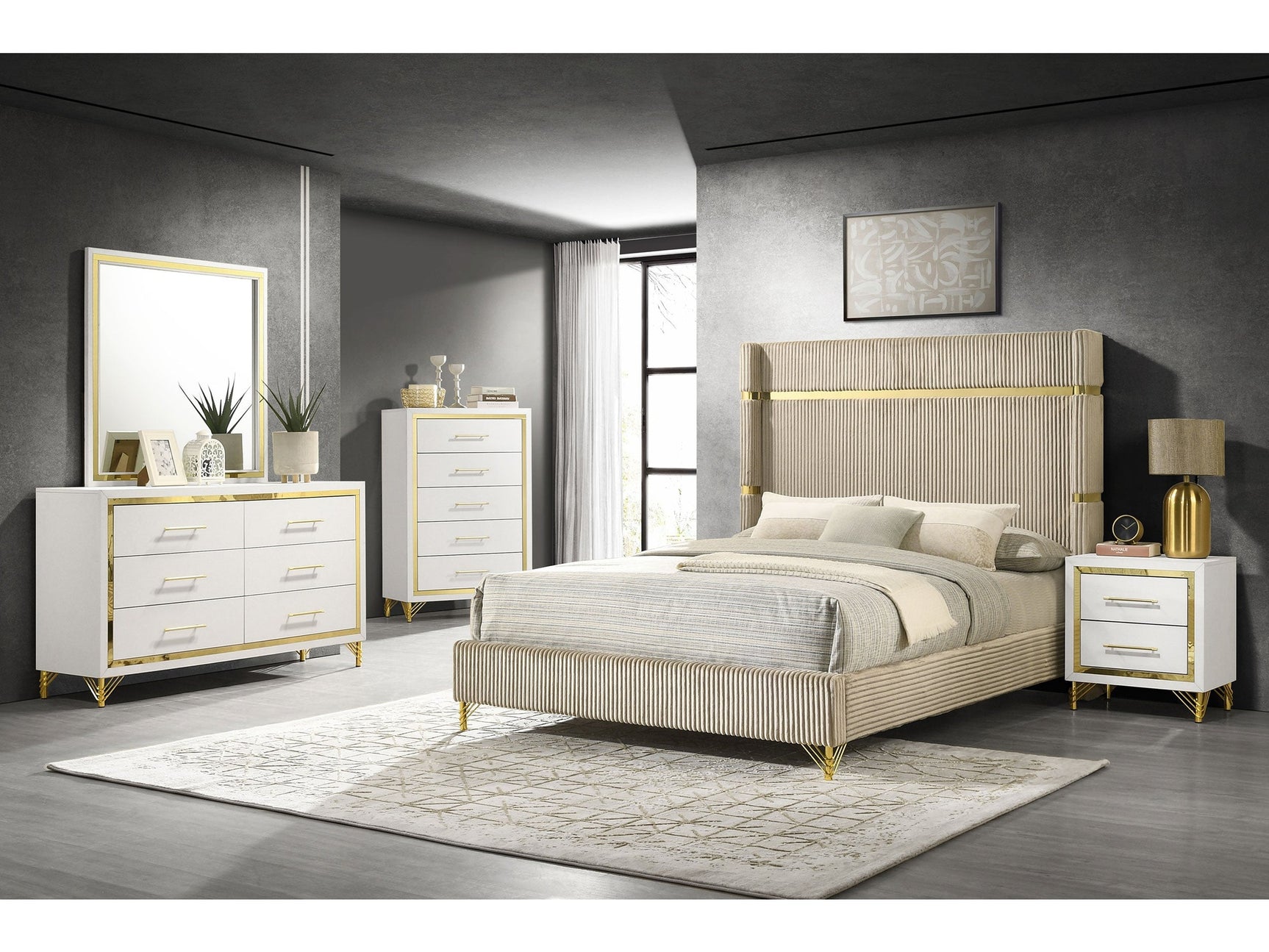 Lucia Beige / White 5-piece Queen Bedroom Set - Ornate Home