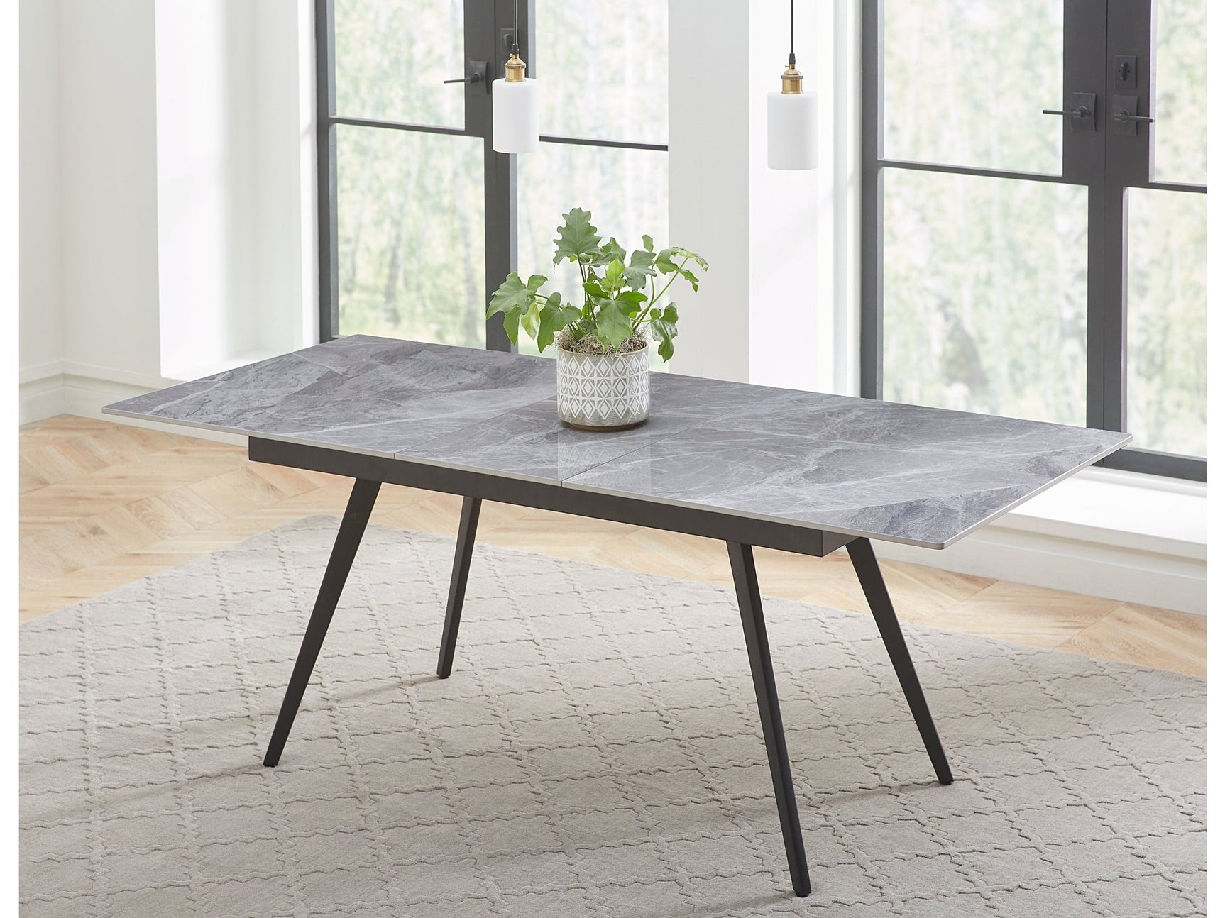 Lucia Extendable Stone Top Metal Leg Dining Table in Piedra and Black - Ornate Home