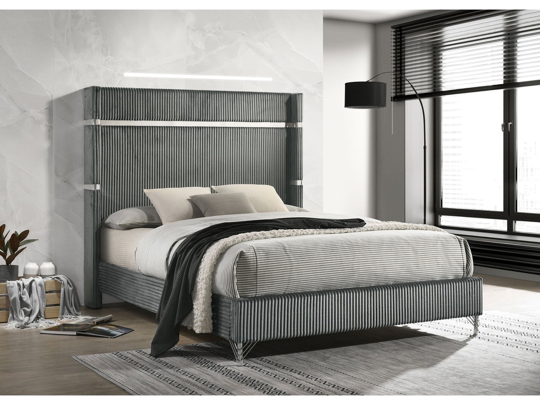 Lucia Grey Queen Upholstered Wingback Bed - Ornate Home