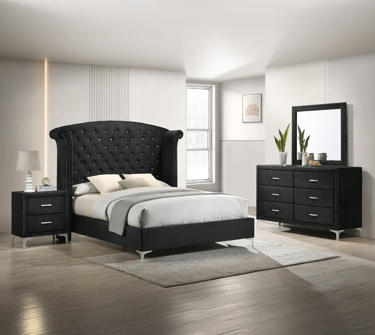 Lucinda Black King Upholstered Wingback Panel Bed - Ornate Home