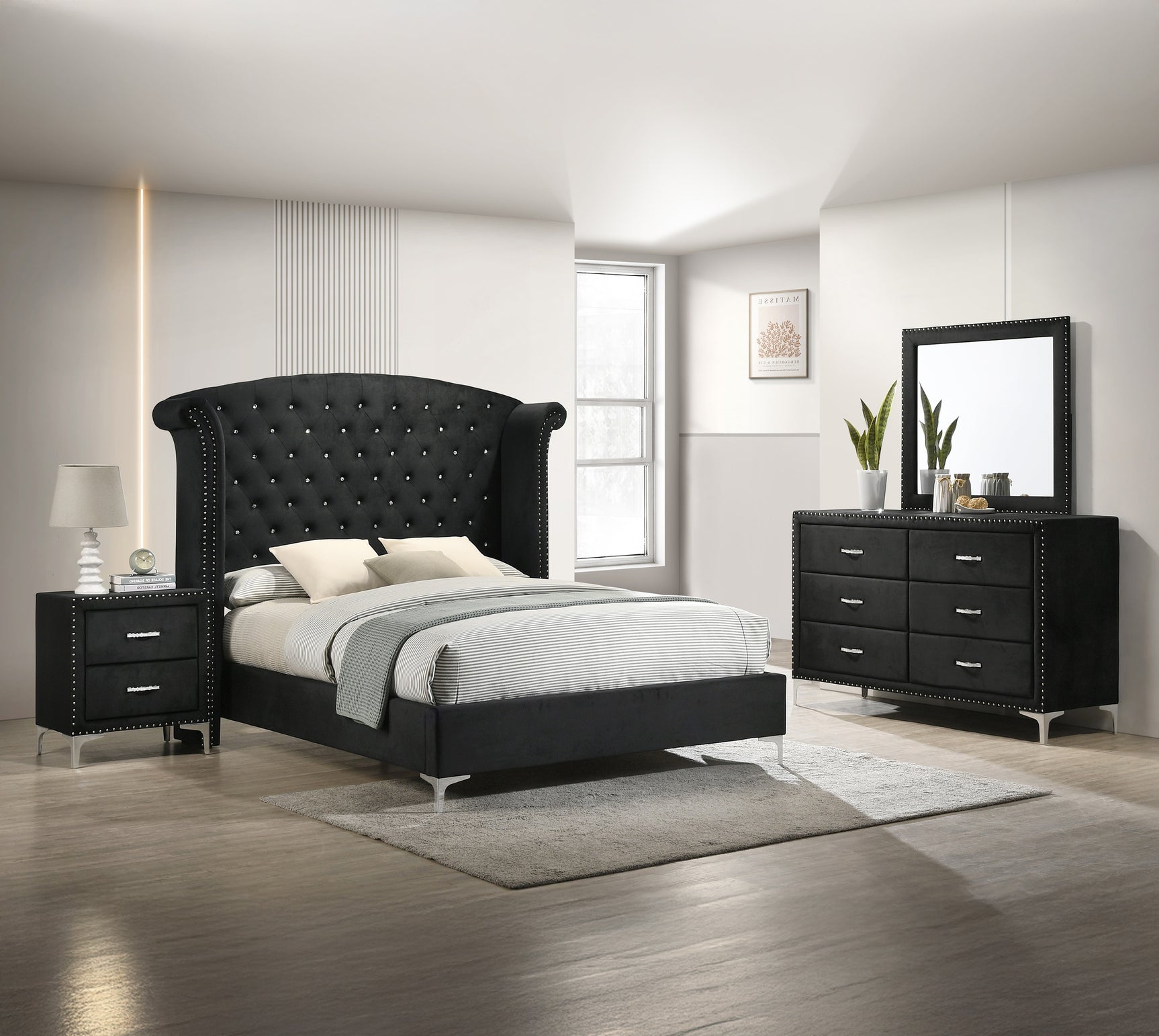 Lucinda Black Queen Upholstered Wingback Panel Bed - Ornate Home