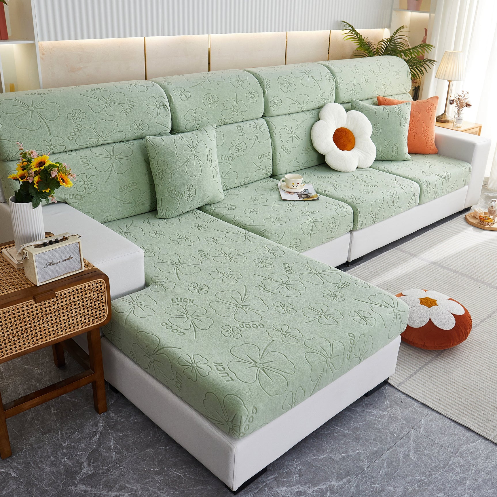 Lucky Clover Slipcover Non-Slip Stretch Jacquard Polar Fleece Sofa Cover for Pets, Cushions, Couches - Ornate Home