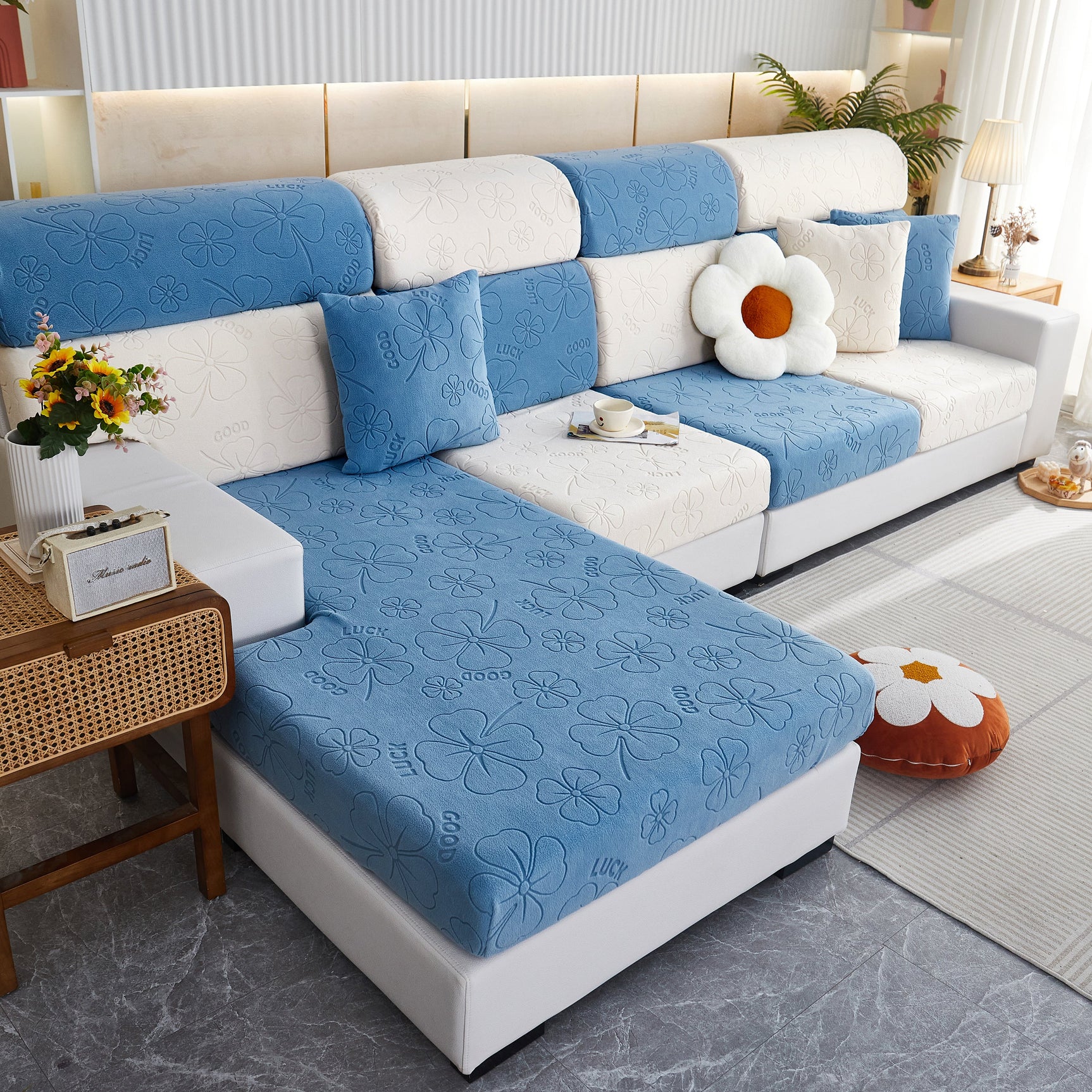 Lucky Clover Slipcover Non-Slip Stretch Jacquard Polar Fleece Sofa Cover for Pets, Cushions, Couches - Ornate Home