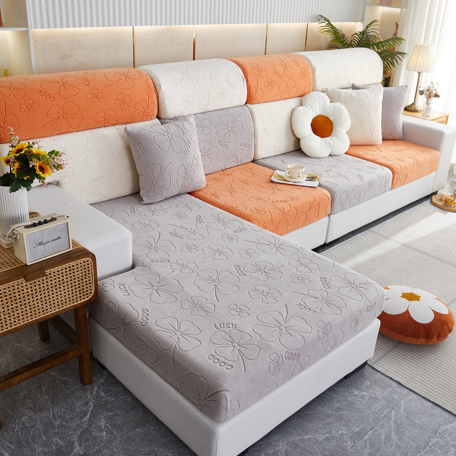 Lucky Clover Slipcover Non-Slip Stretch Jacquard Polar Fleece Sofa Cover for Pets, Cushions, Couches - Ornate Home