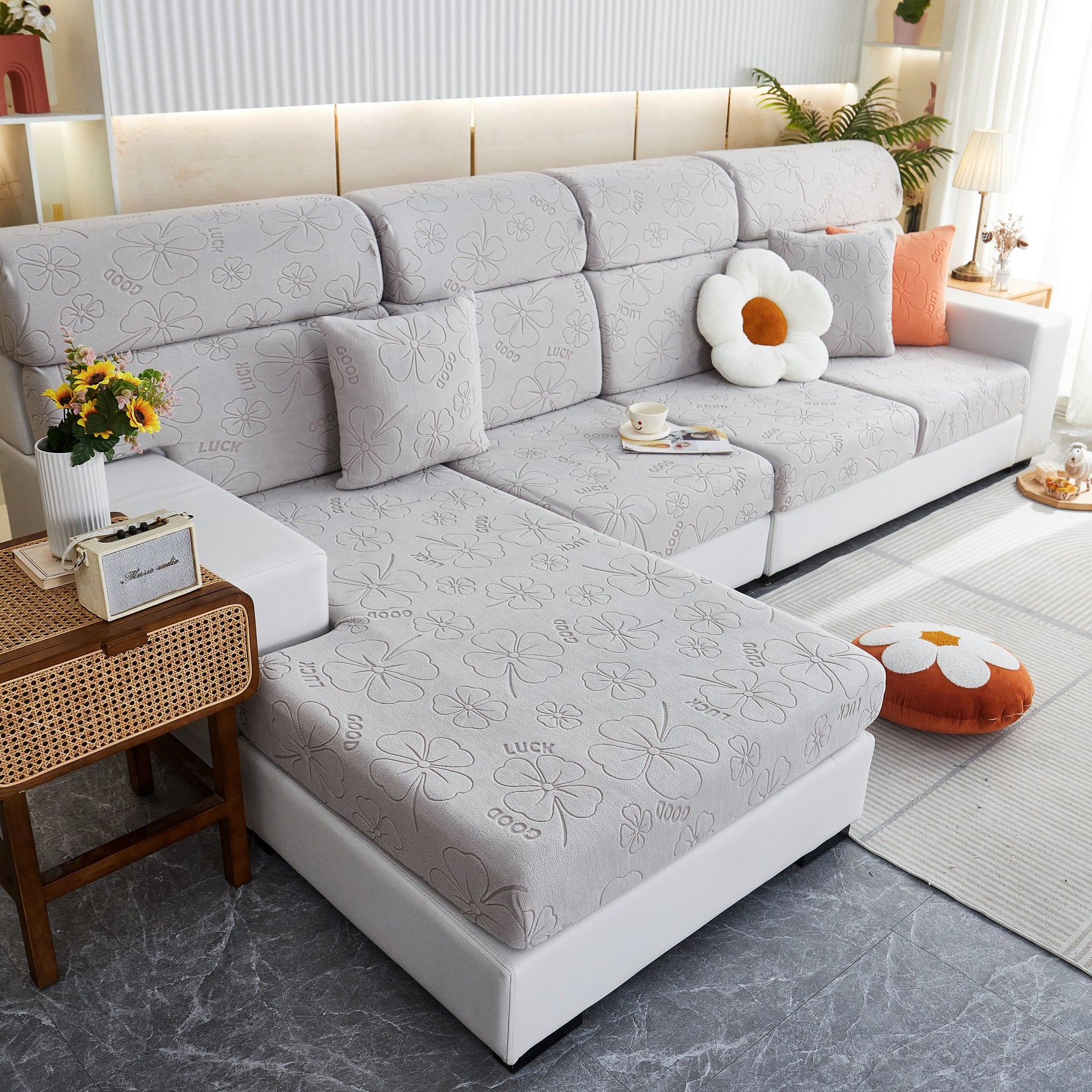 Lucky Clover Slipcover Non-Slip Stretch Jacquard Polar Fleece Sofa Cover for Pets, Cushions, Couches - Ornate Home