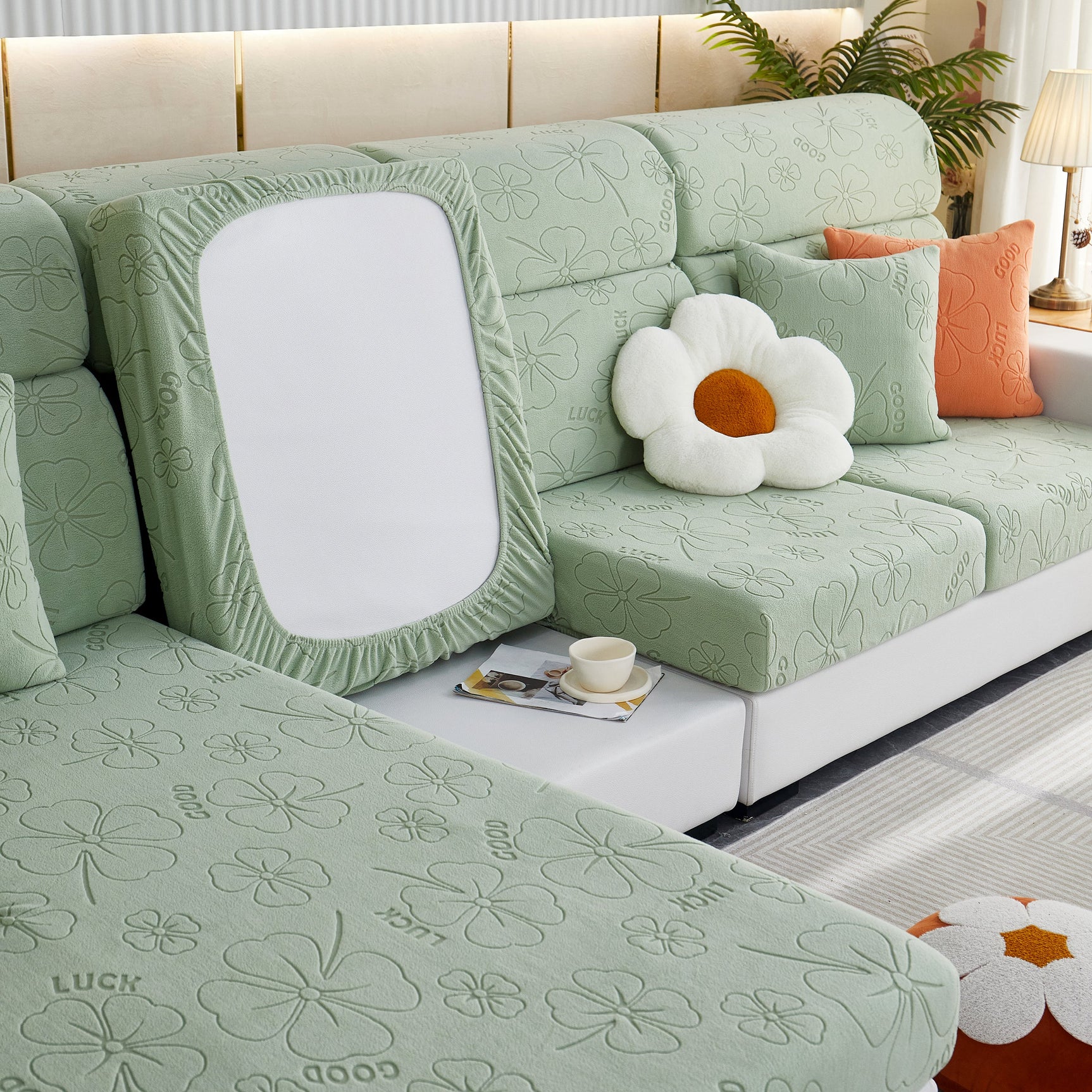 Lucky Clover Slipcover Non-Slip Stretch Jacquard Polar Fleece Sofa Cover for Pets, Cushions, Couches - Ornate Home