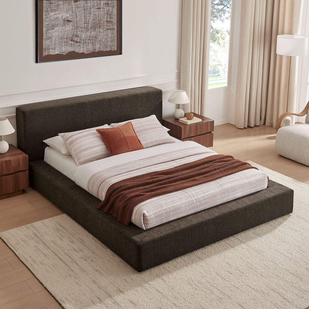 Luma Java Chenille Upholstered Queen Platform Bed Frame - Ornate Home