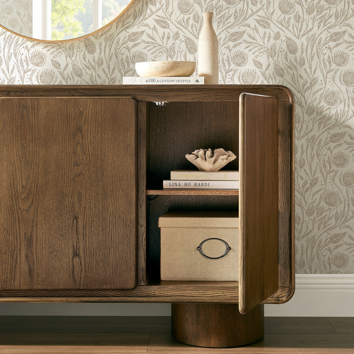 Lumo Walnut 3-Door Curved Wood Accent Cabinet - Ornate Home