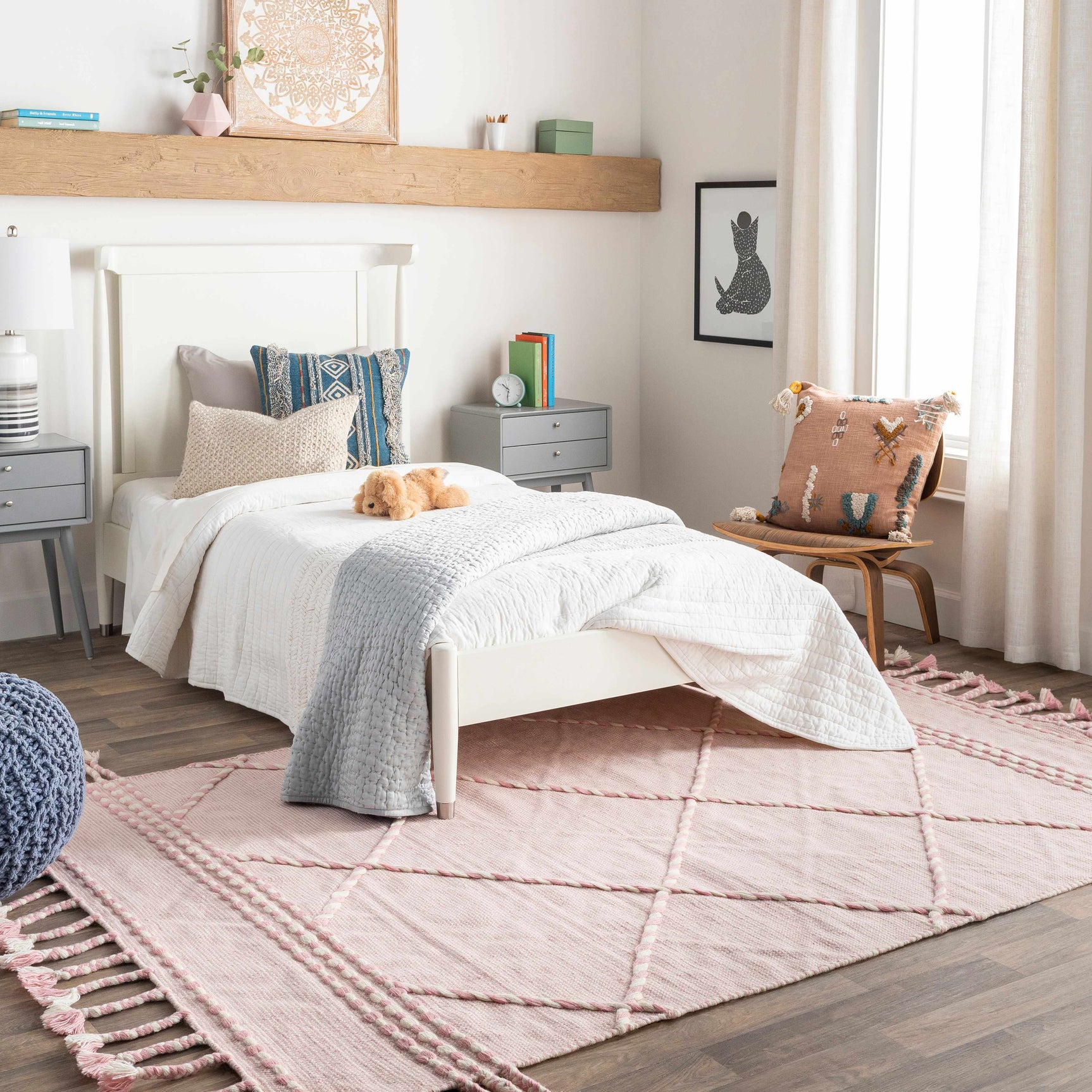 Lupton Pink Trellis Wool Rug with tassels - Clearance - Ornate Home