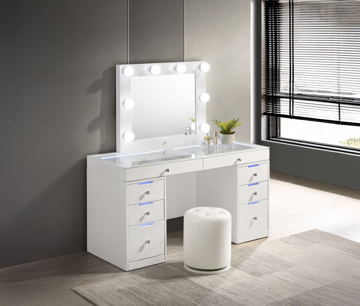Luxo White Vanity Set w/LED Mirror & Stool - Ornate Home
