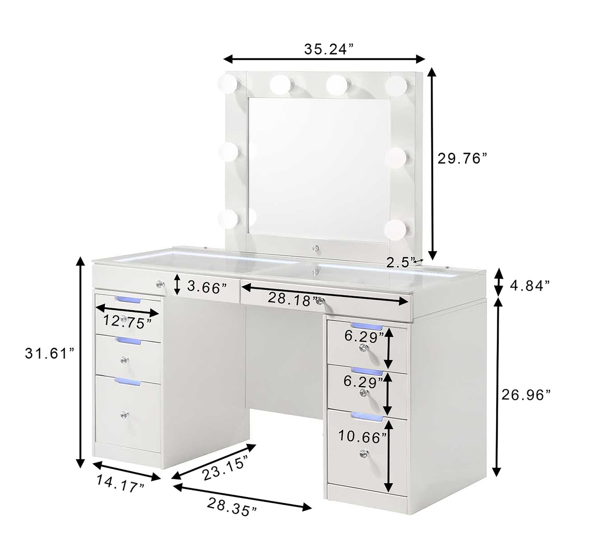 Luxo White Vanity Set w/LED Mirror & Stool - Ornate Home