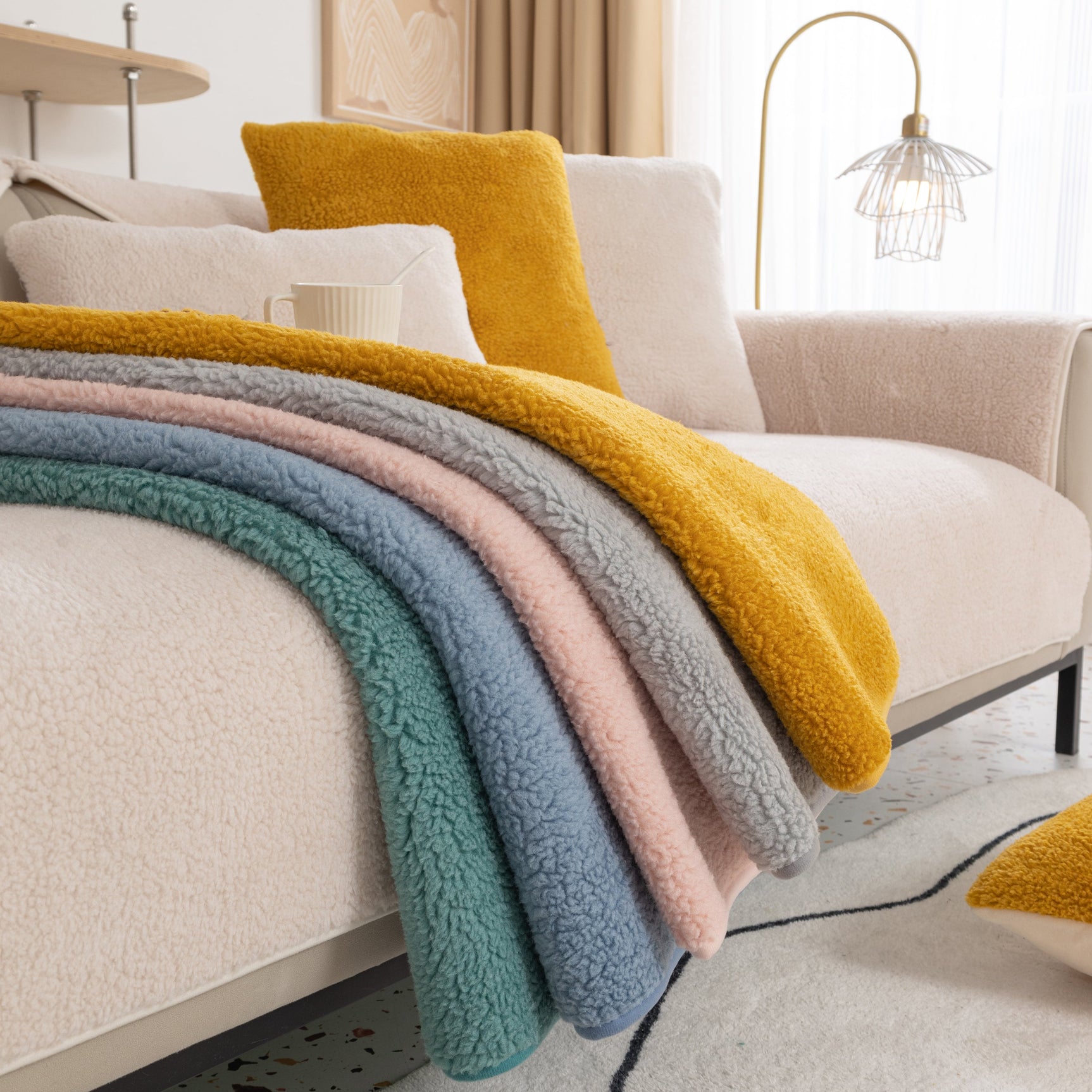 Luxury Sherpa Fleece Solid Sofa Towels Thickened Plush Non Slip Sofa Cushion Covers - Ornate Home
