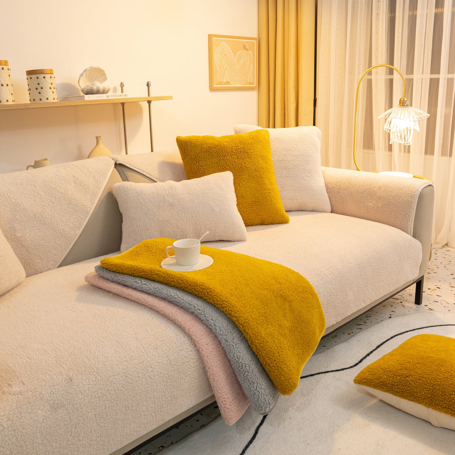 Luxury Sherpa Fleece Solid Sofa Towels Thickened Plush Non Slip Sofa Cushion Covers - Ornate Home