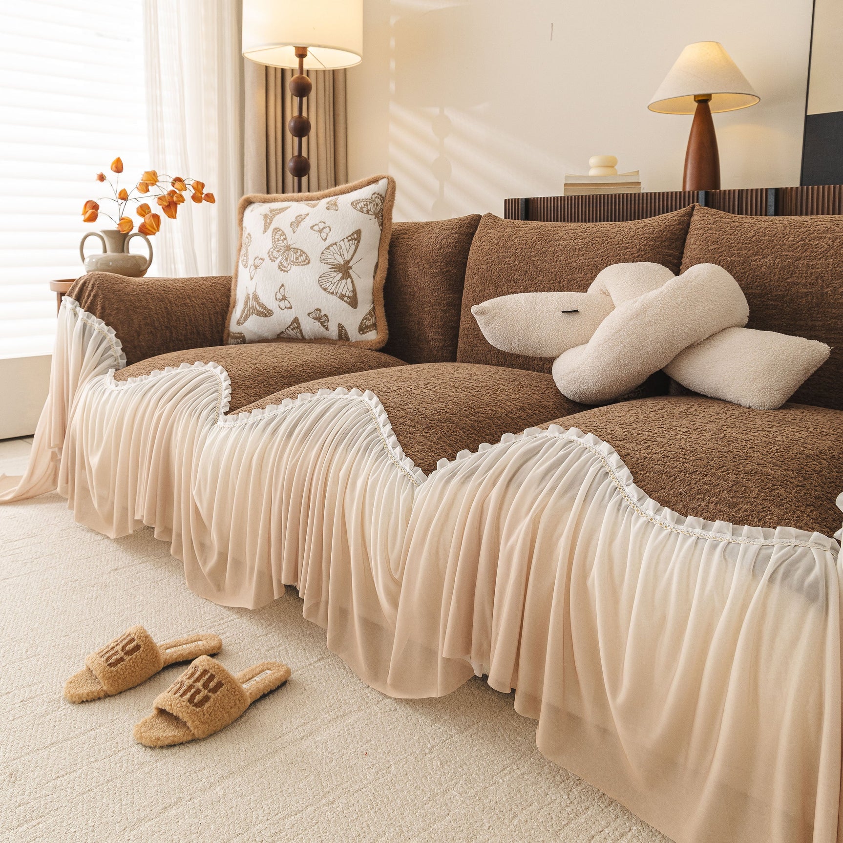Luxury Sofa Throw Cover with Elegant Ruffled Skirt, Soft Decorative Couch Protector - Ornate Home