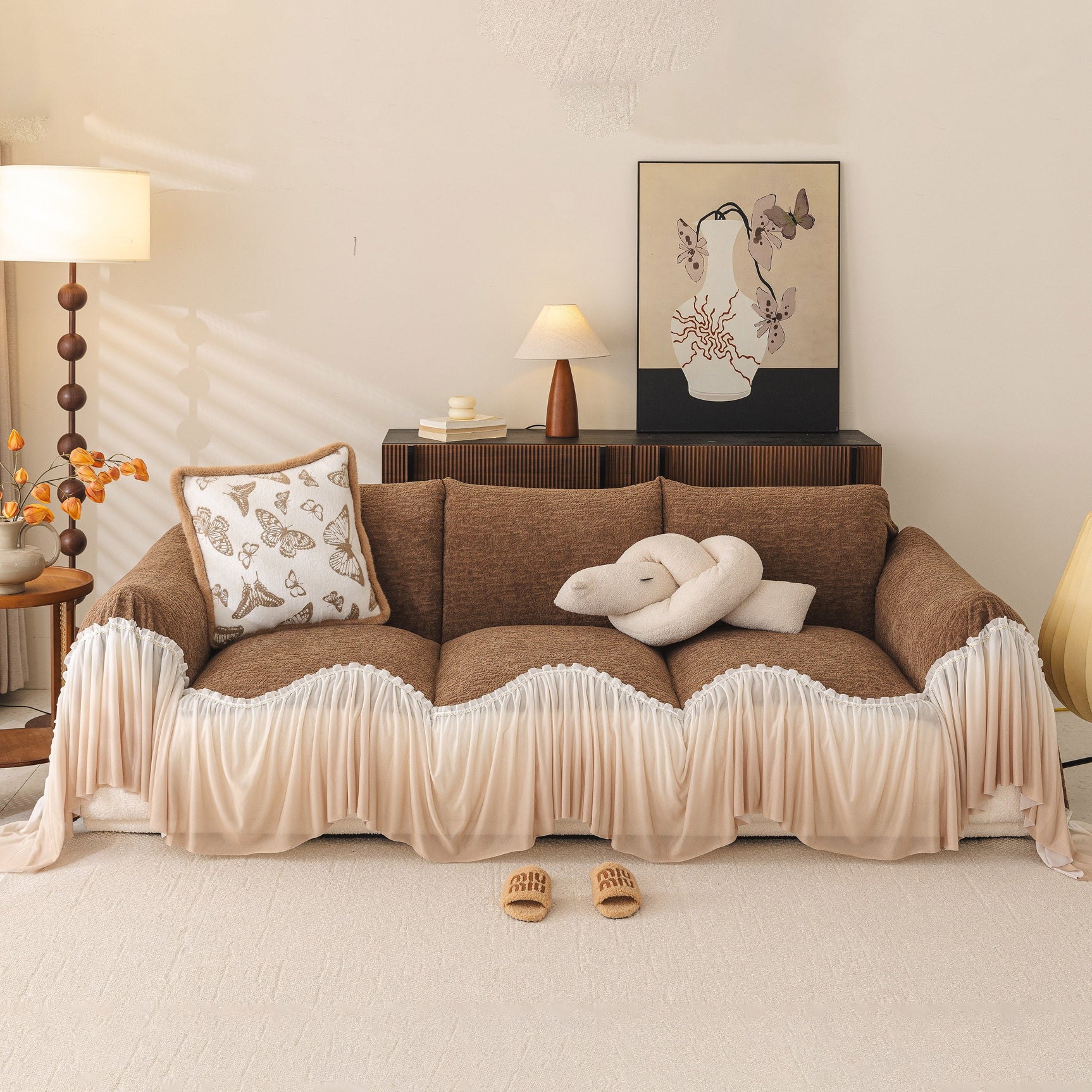 Luxury Sofa Throw Cover with Elegant Ruffled Skirt, Soft Decorative Couch Protector - Ornate Home