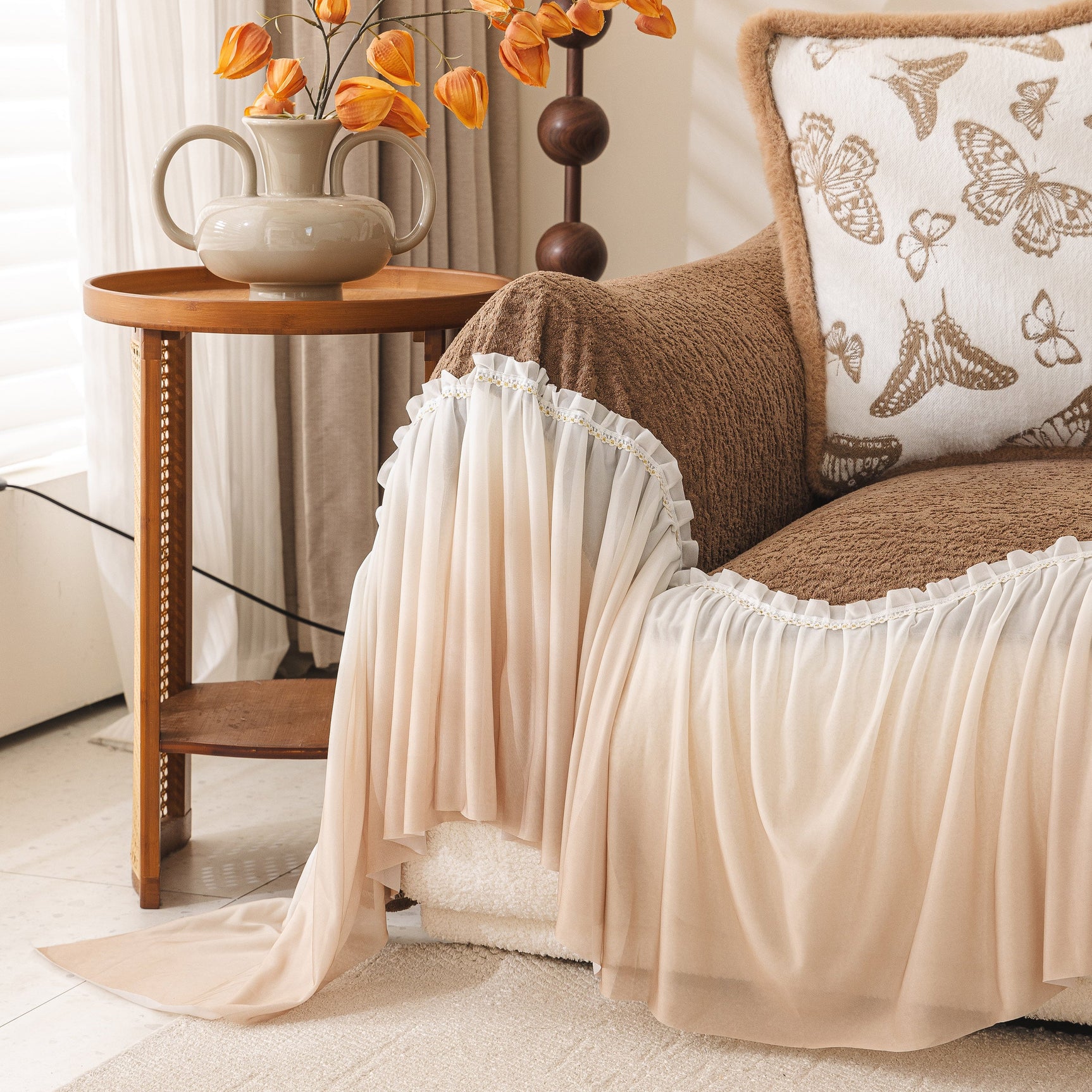 Luxury Sofa Throw Cover with Elegant Ruffled Skirt, Soft Decorative Couch Protector - Ornate Home