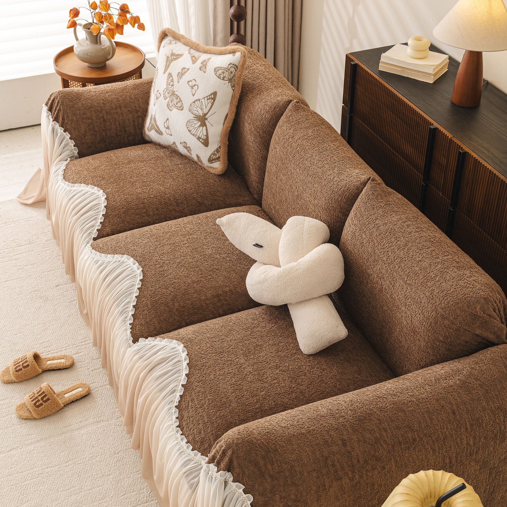 Luxury Sofa Throw Cover with Elegant Ruffled Skirt, Soft Decorative Couch Protector - Ornate Home