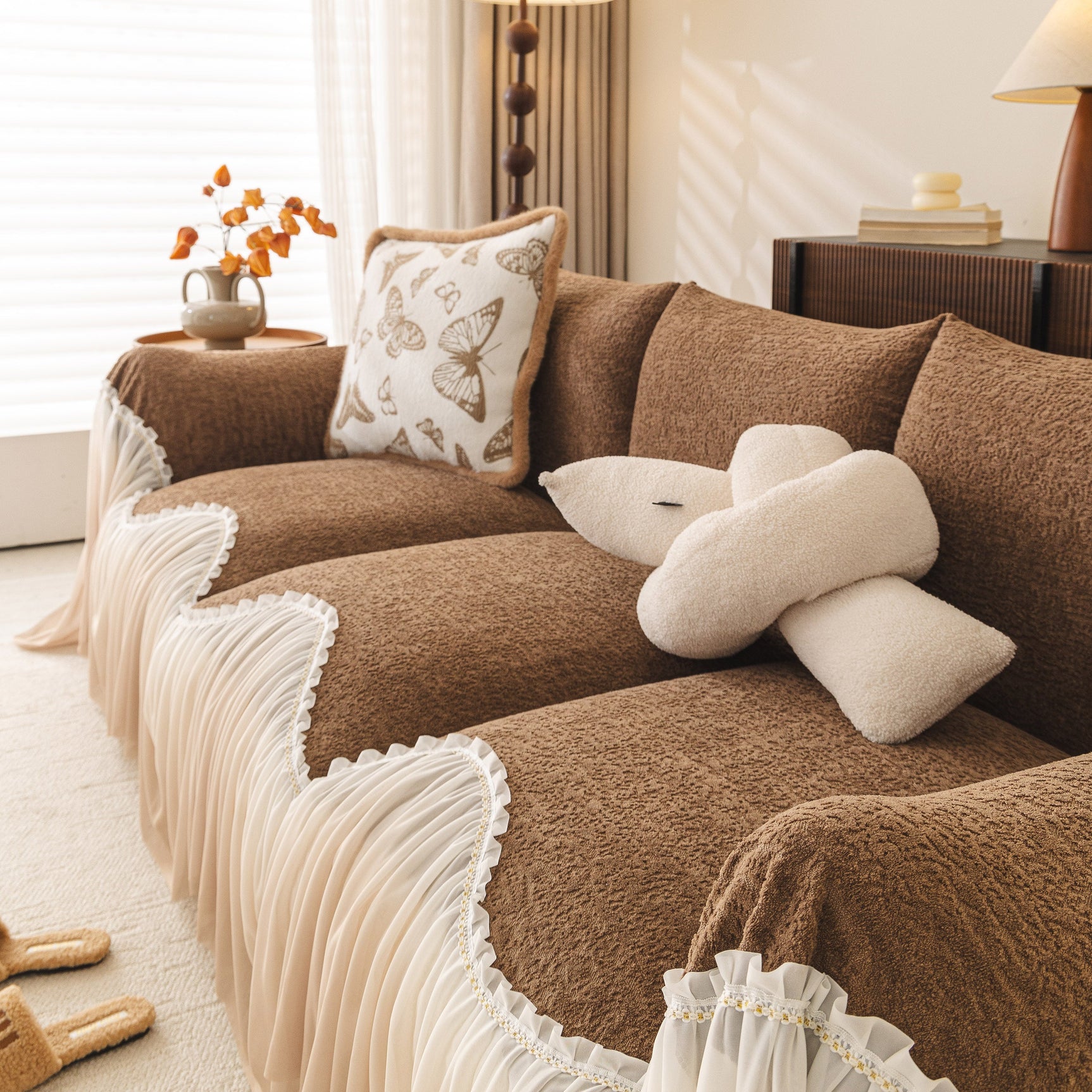 Luxury Sofa Throw Cover with Elegant Ruffled Skirt, Soft Decorative Couch Protector - Ornate Home