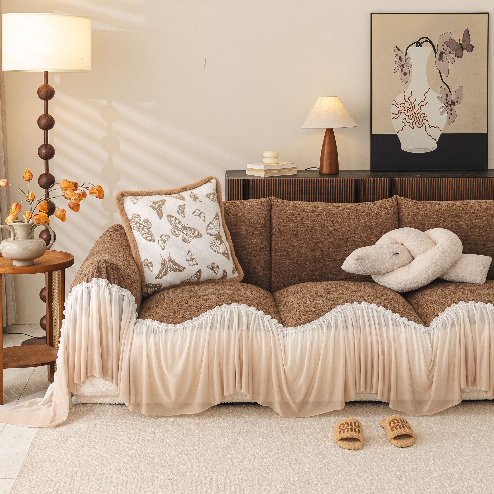 Luxury Sofa Throw Cover with Elegant Ruffled Skirt, Soft Decorative Couch Protector - Ornate Home