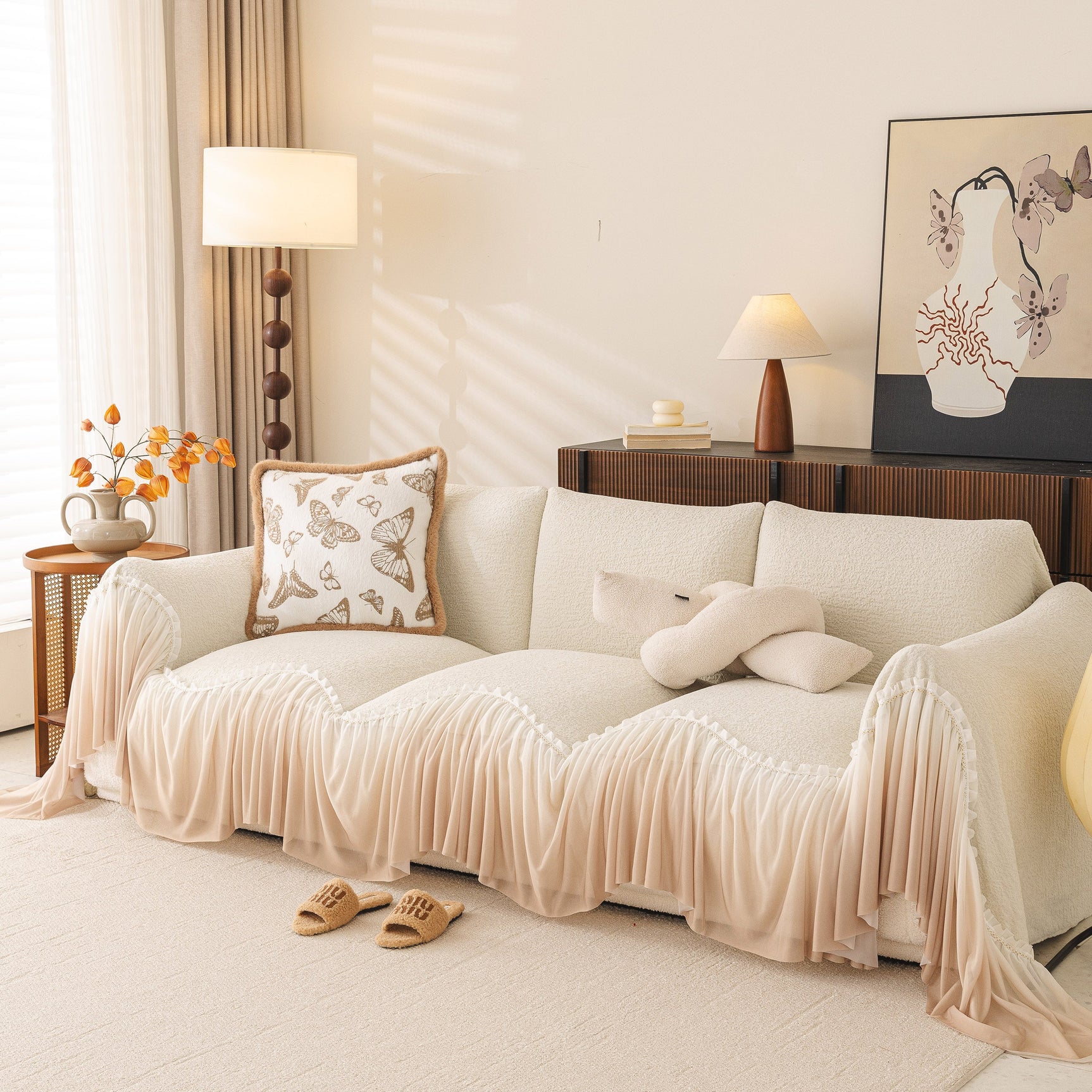 Luxury Sofa Throw Cover with Elegant Ruffled Skirt, Soft Decorative Couch Protector - Ornate Home