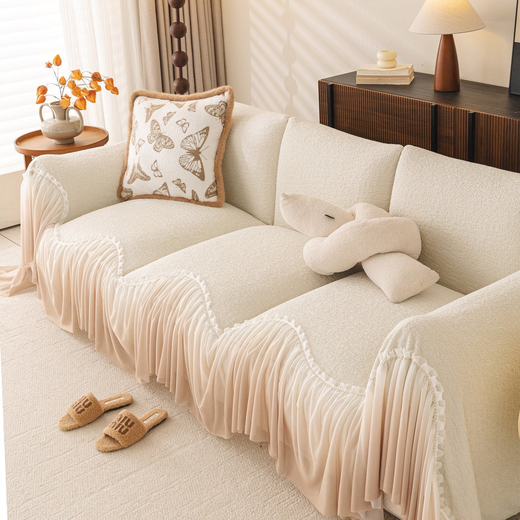 Luxury Sofa Throw Cover with Elegant Ruffled Skirt, Soft Decorative Couch Protector - Ornate Home