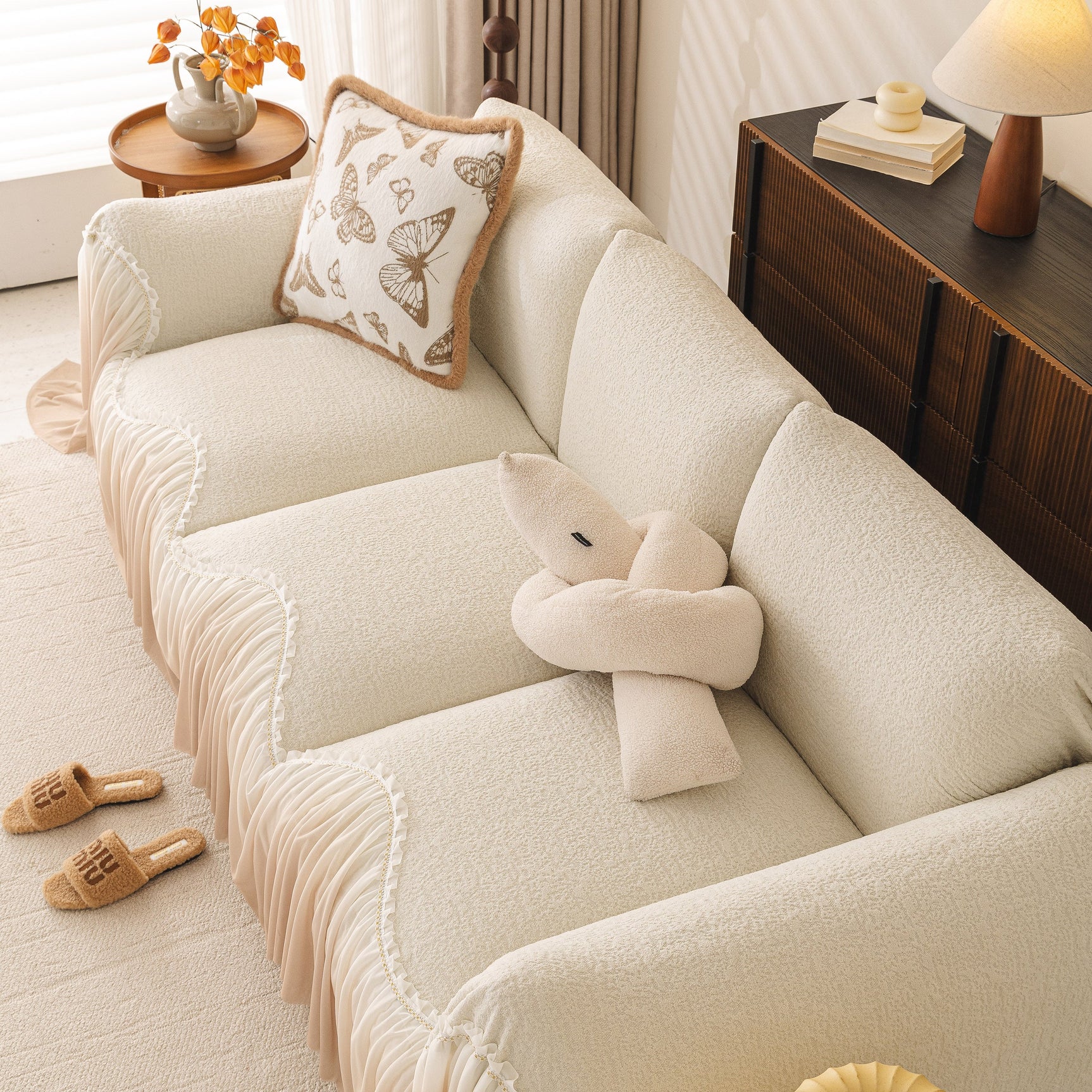 Luxury Sofa Throw Cover with Elegant Ruffled Skirt, Soft Decorative Couch Protector - Ornate Home