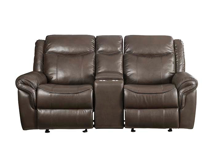 Lydia Brown Faux Leather Manual Reclining Loveseat w/ Console - Ornate Home