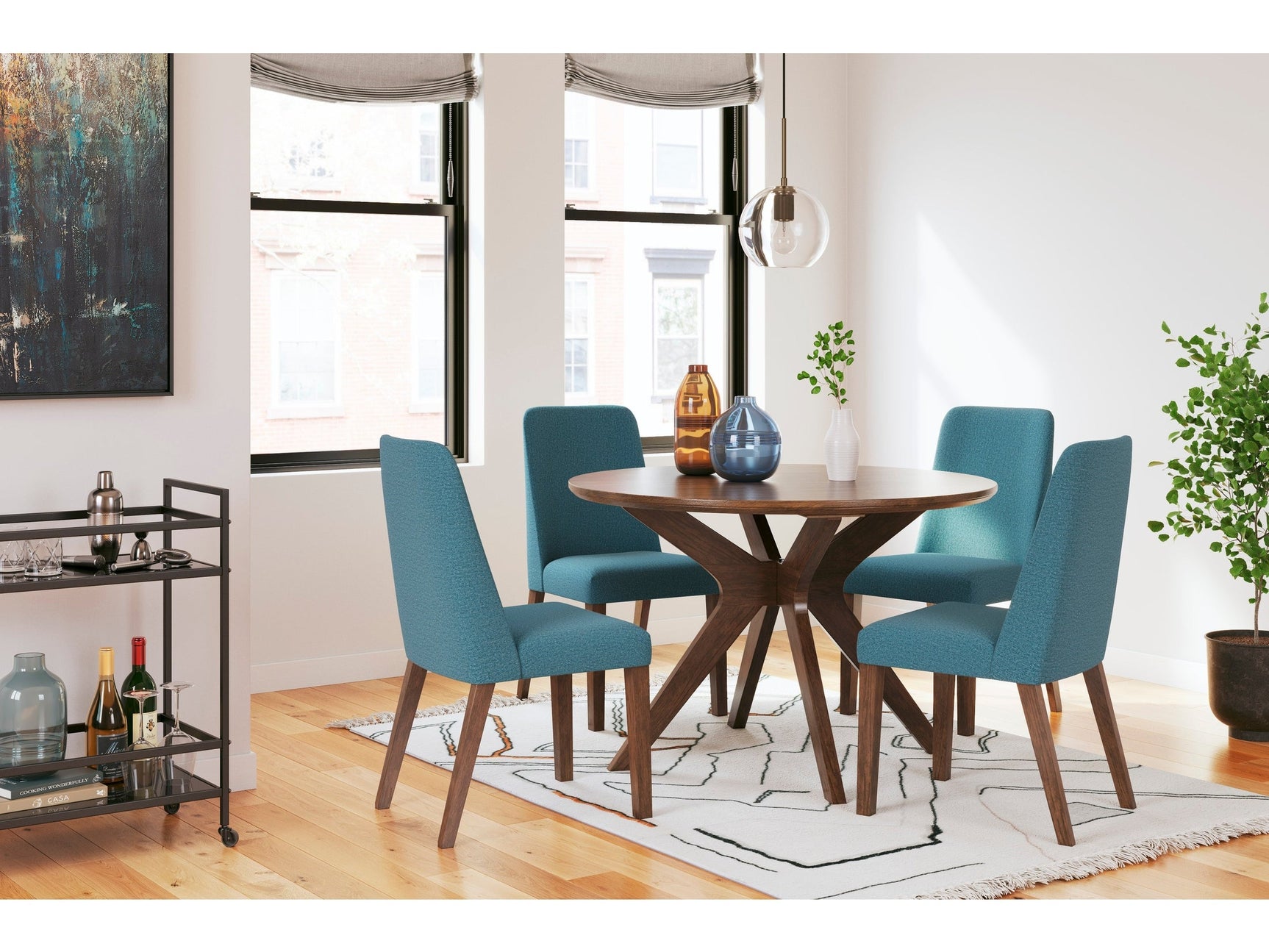 Lyncott Blue & Brown Round Dining Room Set / 5pc (Online Special Price) - Ornate Home