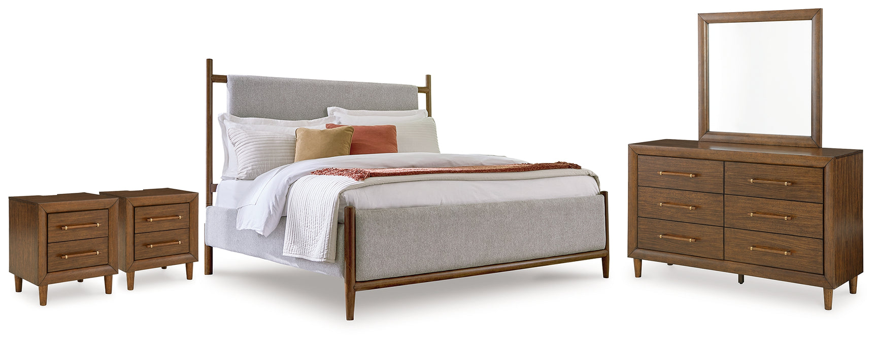 Lyncott Brown Queen Upholstered Bed, Dresser, Mirror and 2 Nightstands (Online Special Price) - Ornate Home