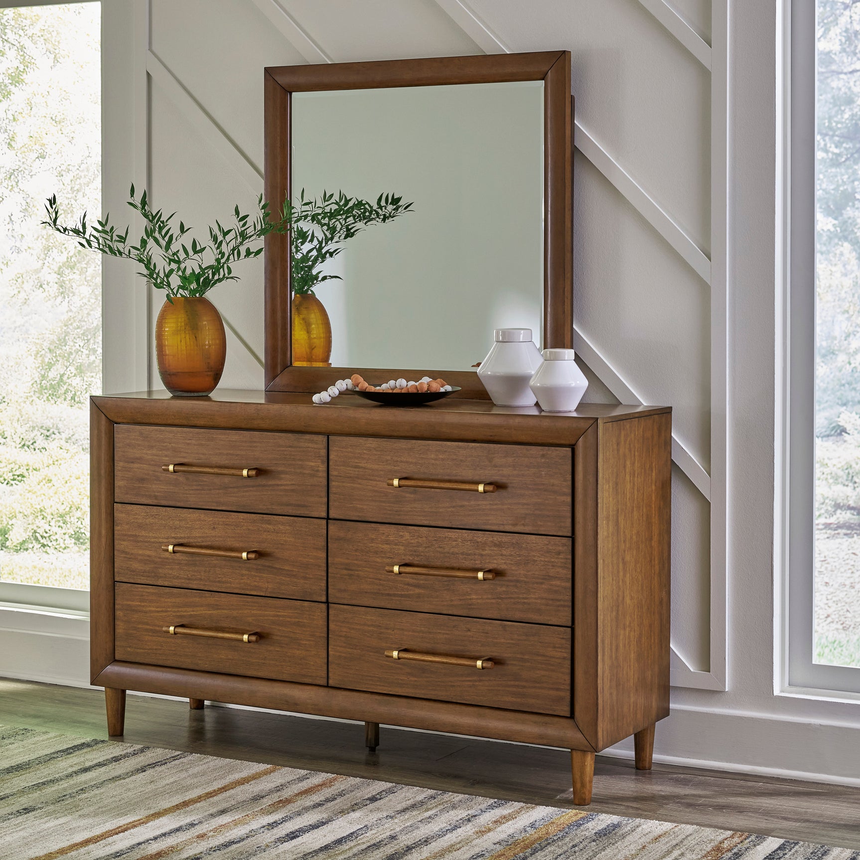 Lyncott Brown King Upholstered Bed with Mirrored Dresser and Nightstand - Ornate Home