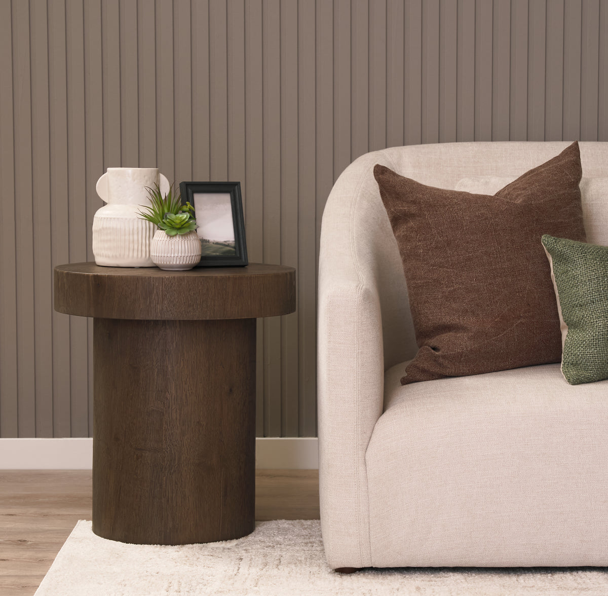 Lyonne Medium Brown Round Oak Wood Pedestal Side Tables