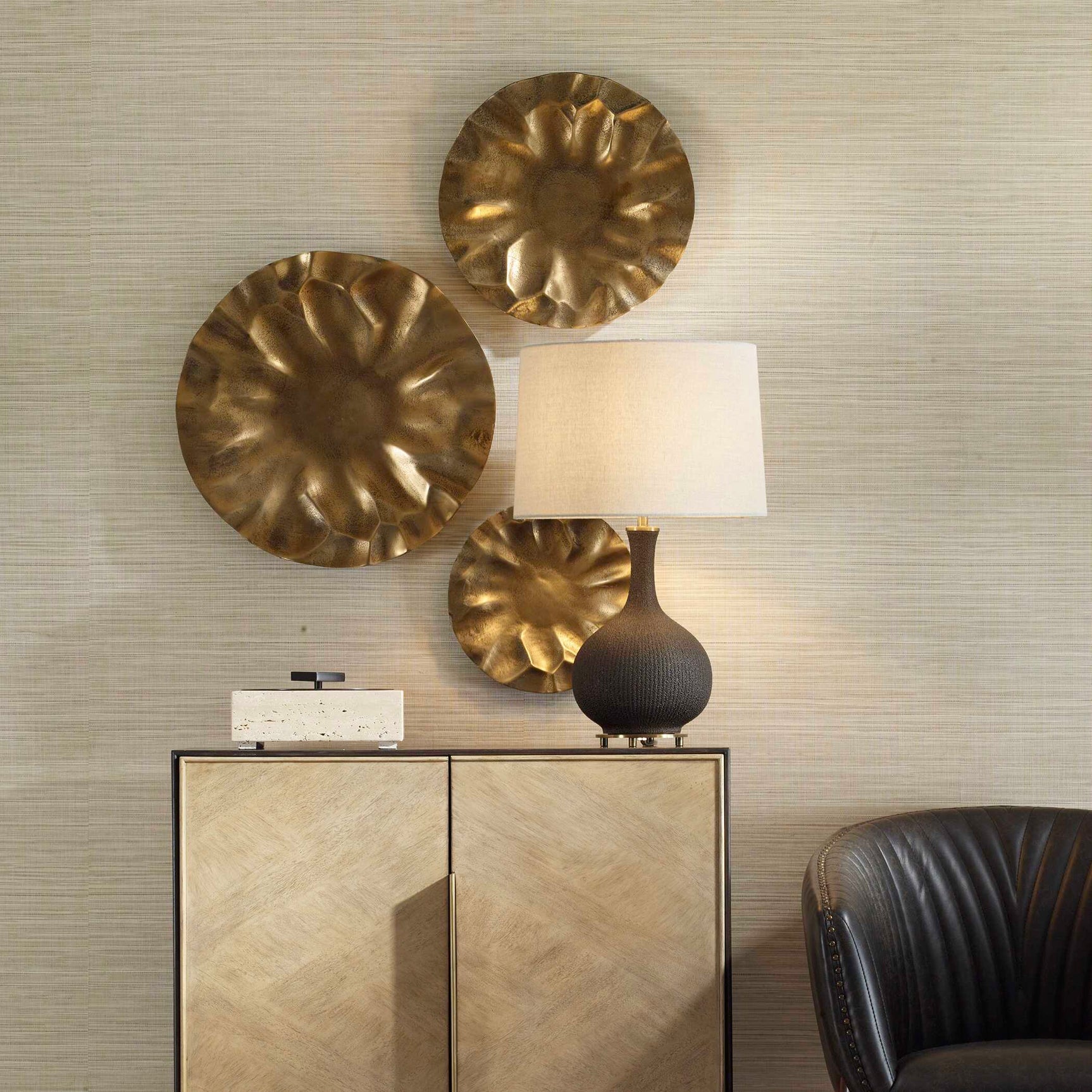 Peonia Gold Outdoor Wall Art (Set of 3)