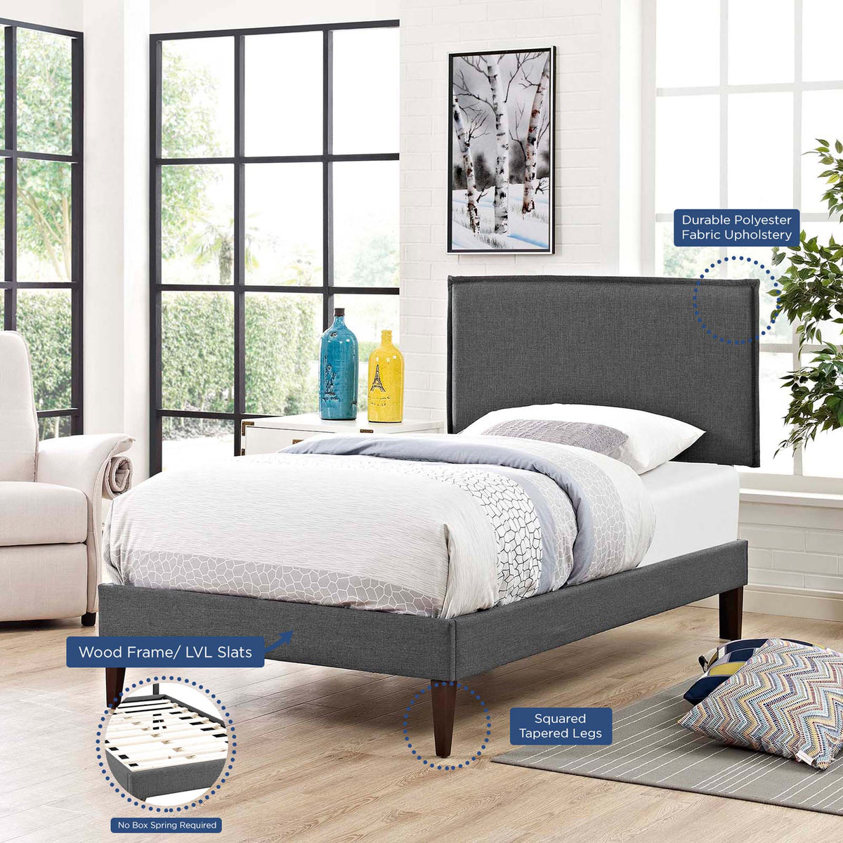Amaris Gray Fabric Twin Platform Bed with Squared Tapered Legs
