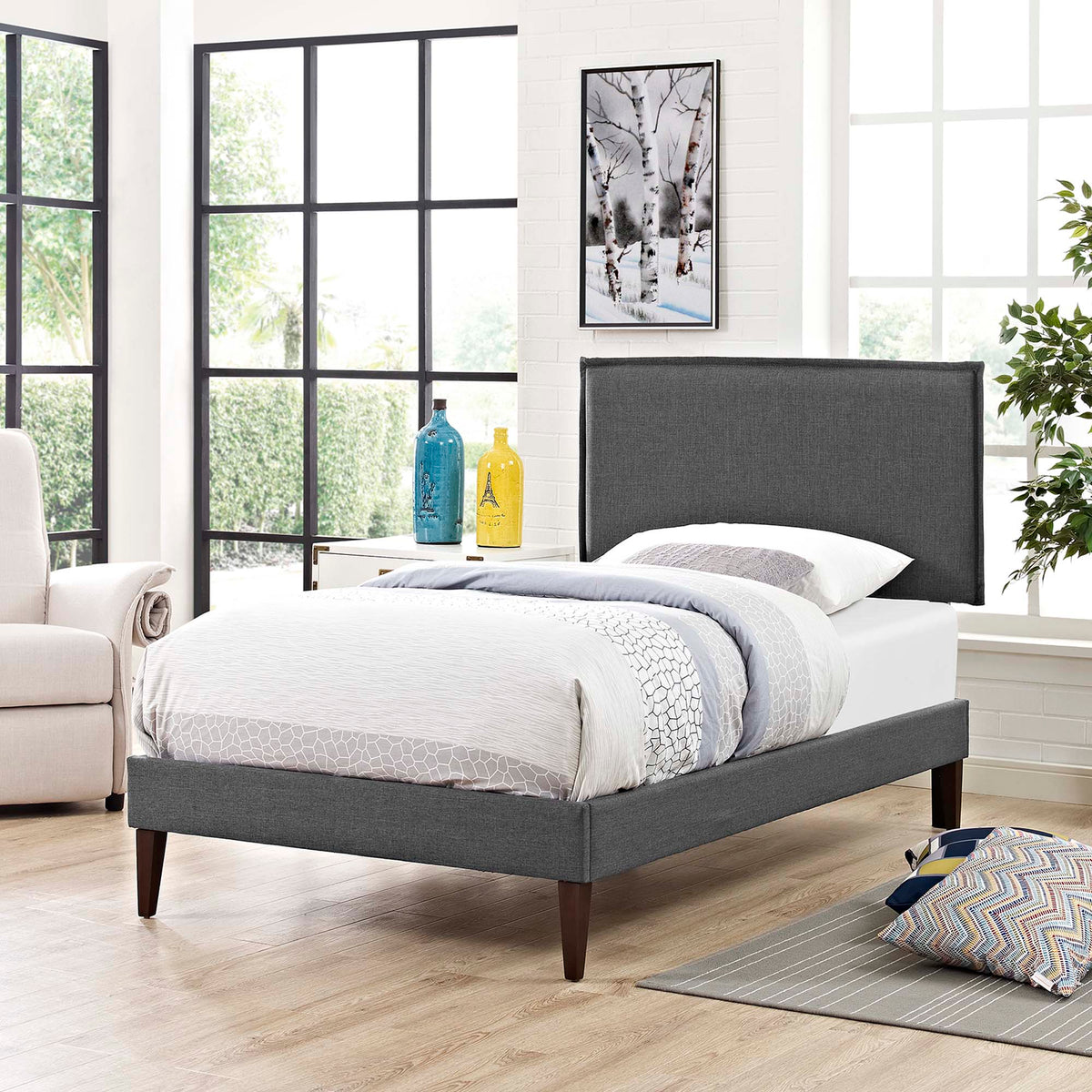Amaris Gray Fabric Twin Platform Bed with Squared Tapered Legs