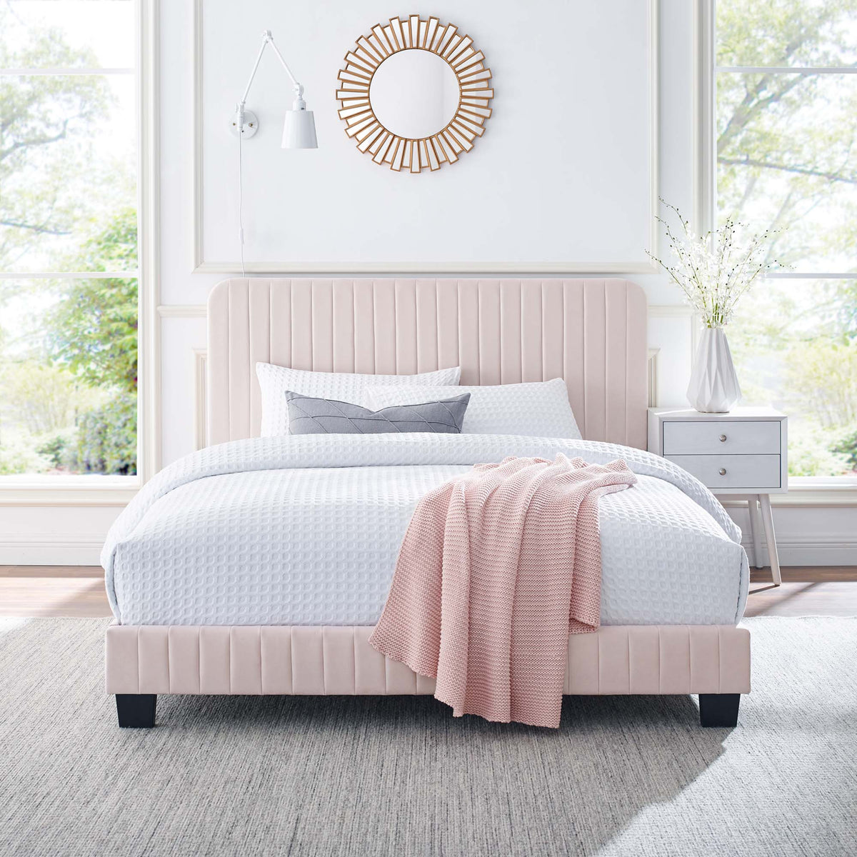 Celine Pink Channel Tufted Performance Velvet Queen Platform Bed