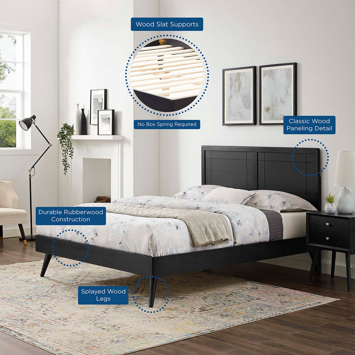 Marlee Black Wood Queen Platform Bed With Splayed Legs