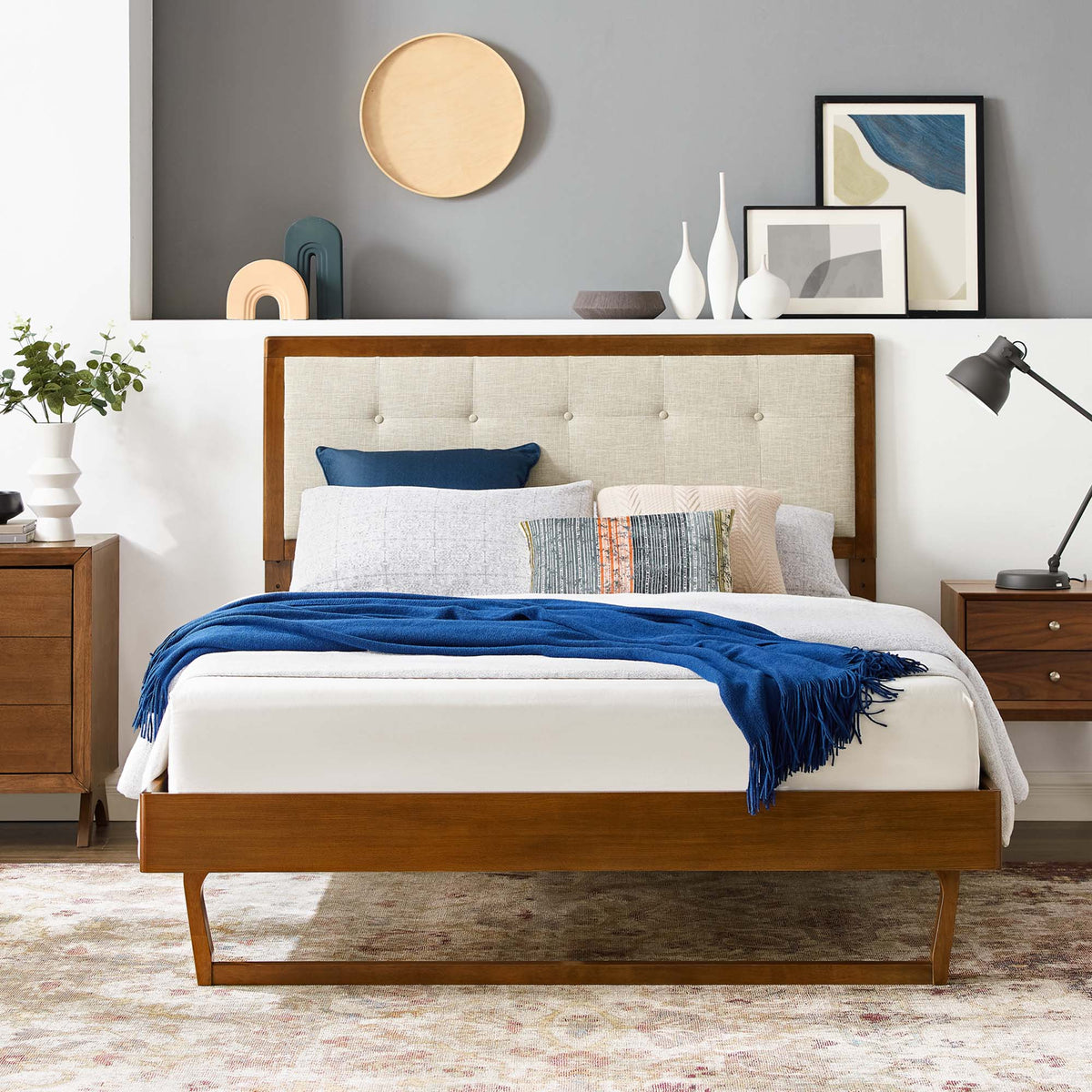 Willow Walnut/Beige Wood Queen Platform Bed With Angular Frame