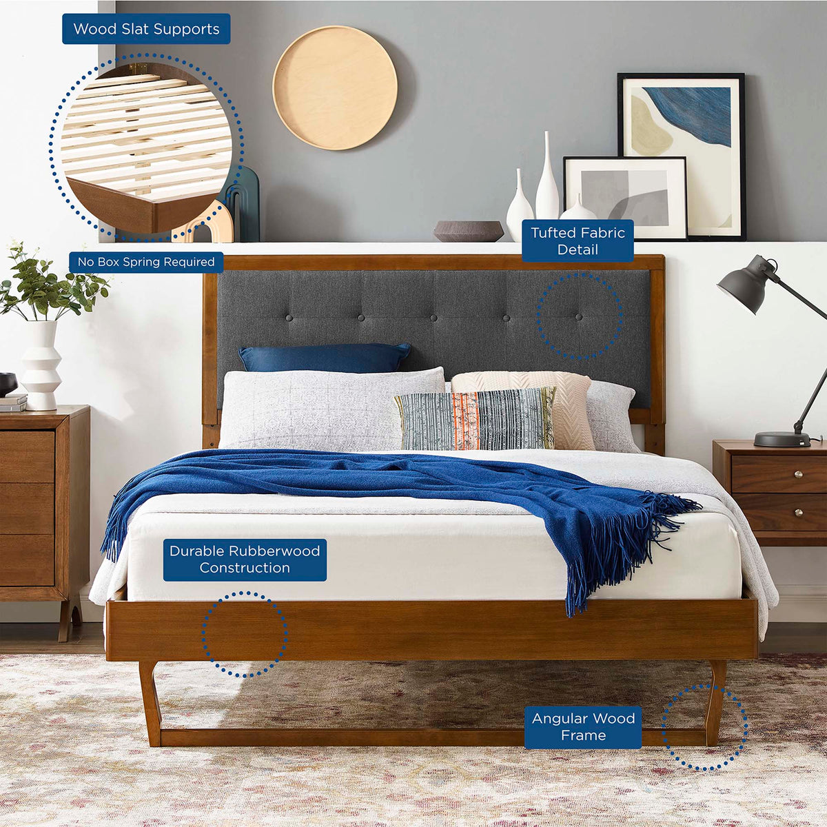 Willow Walnut/Charcoal Wood Queen Platform Bed With Angular Frame