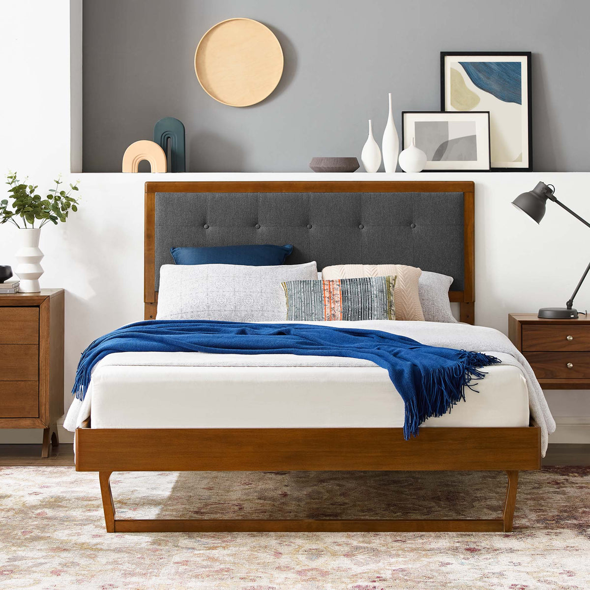 Willow Walnut/Charcoal Wood Queen Platform Bed With Angular Frame