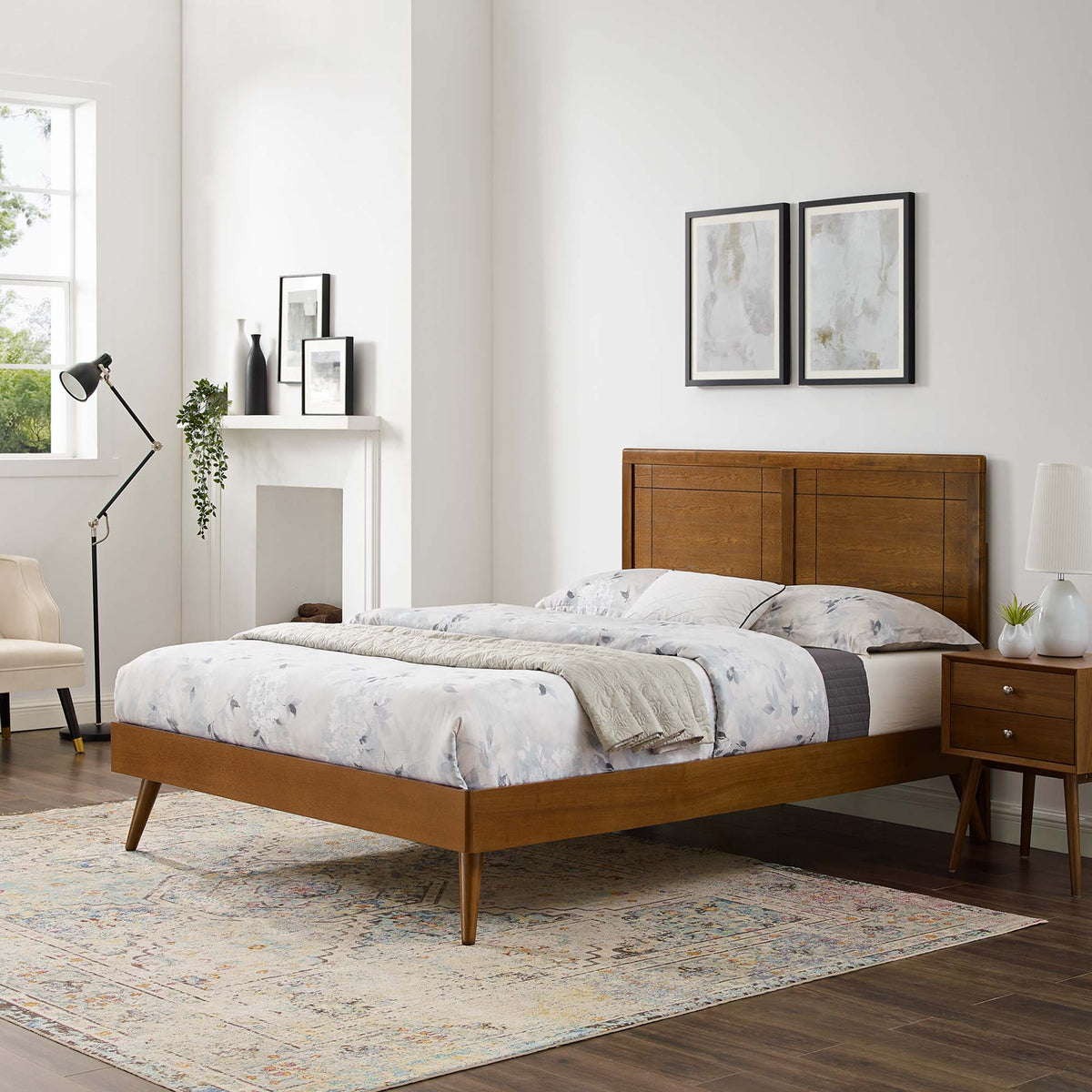 Marlee Walnut Wood King Platform Bed With Splayed Legs