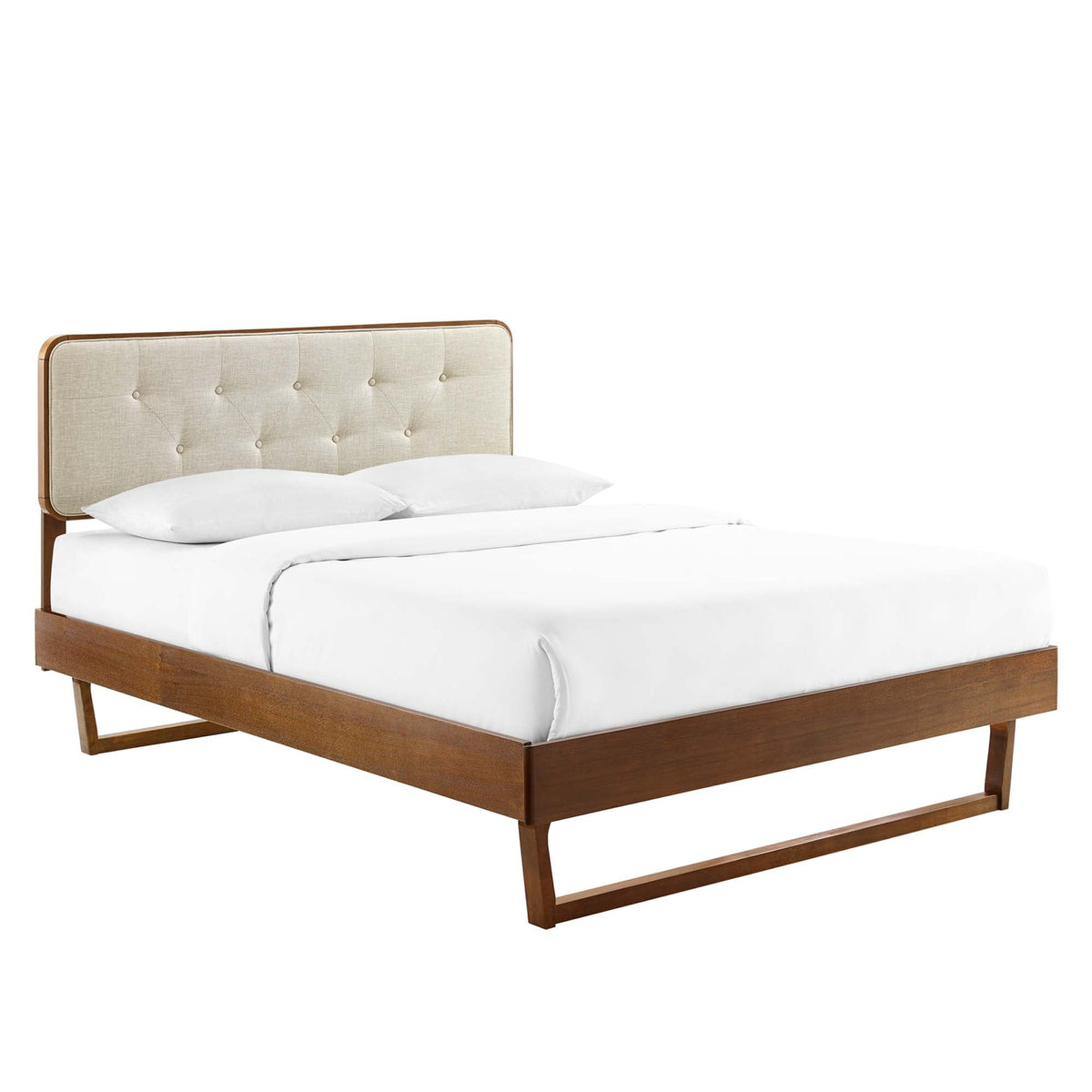 Bridgette Walnut/Beige Wood Full Platform Bed With Angular Frame