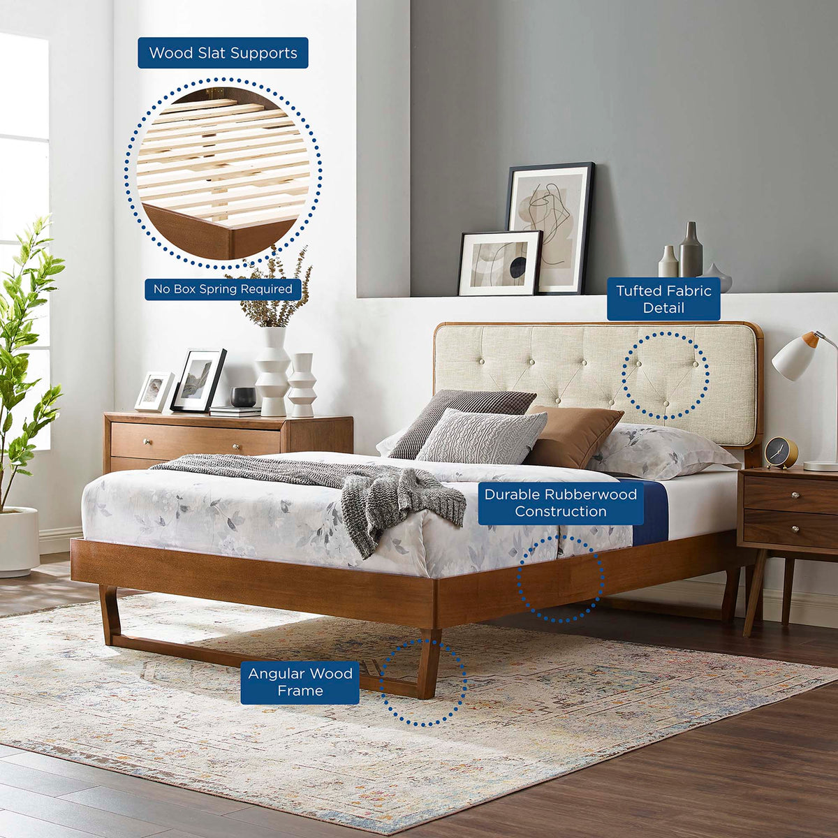Bridgette Walnut/Beige Wood Full Platform Bed With Angular Frame