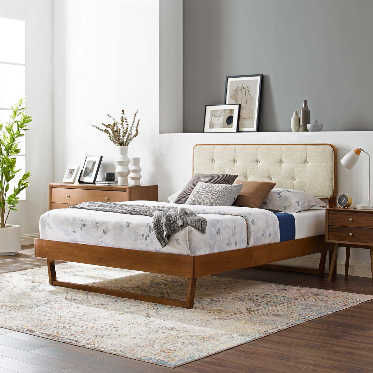Bridgette Walnut/Beige Wood Full Platform Bed With Angular Frame