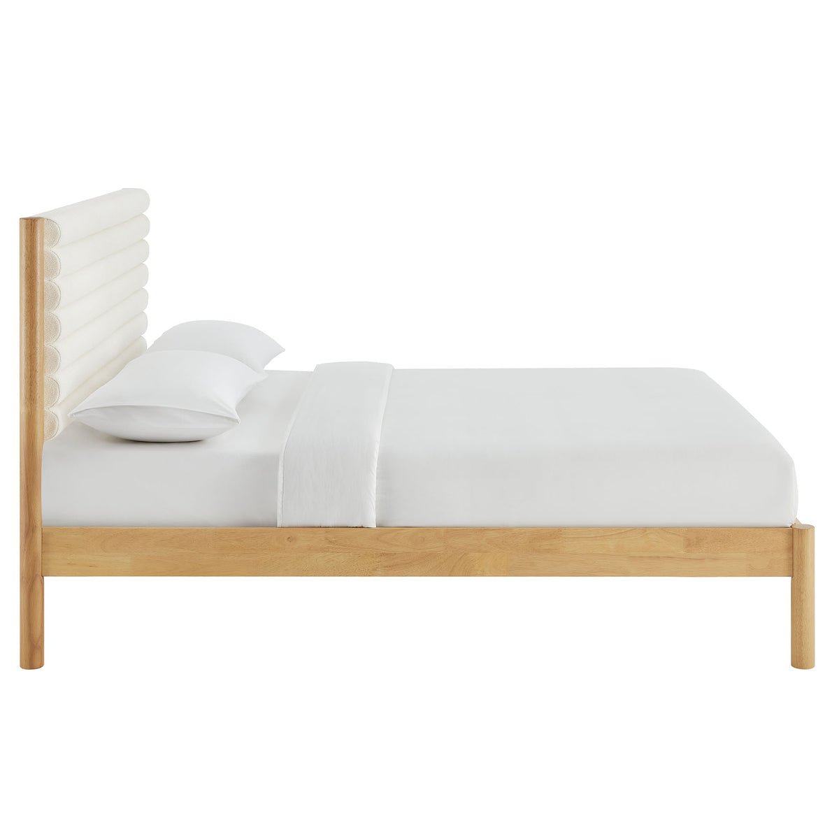 Olea Feather Oak Channel Tufted Boucle Solid Wood Queen Platform Bed