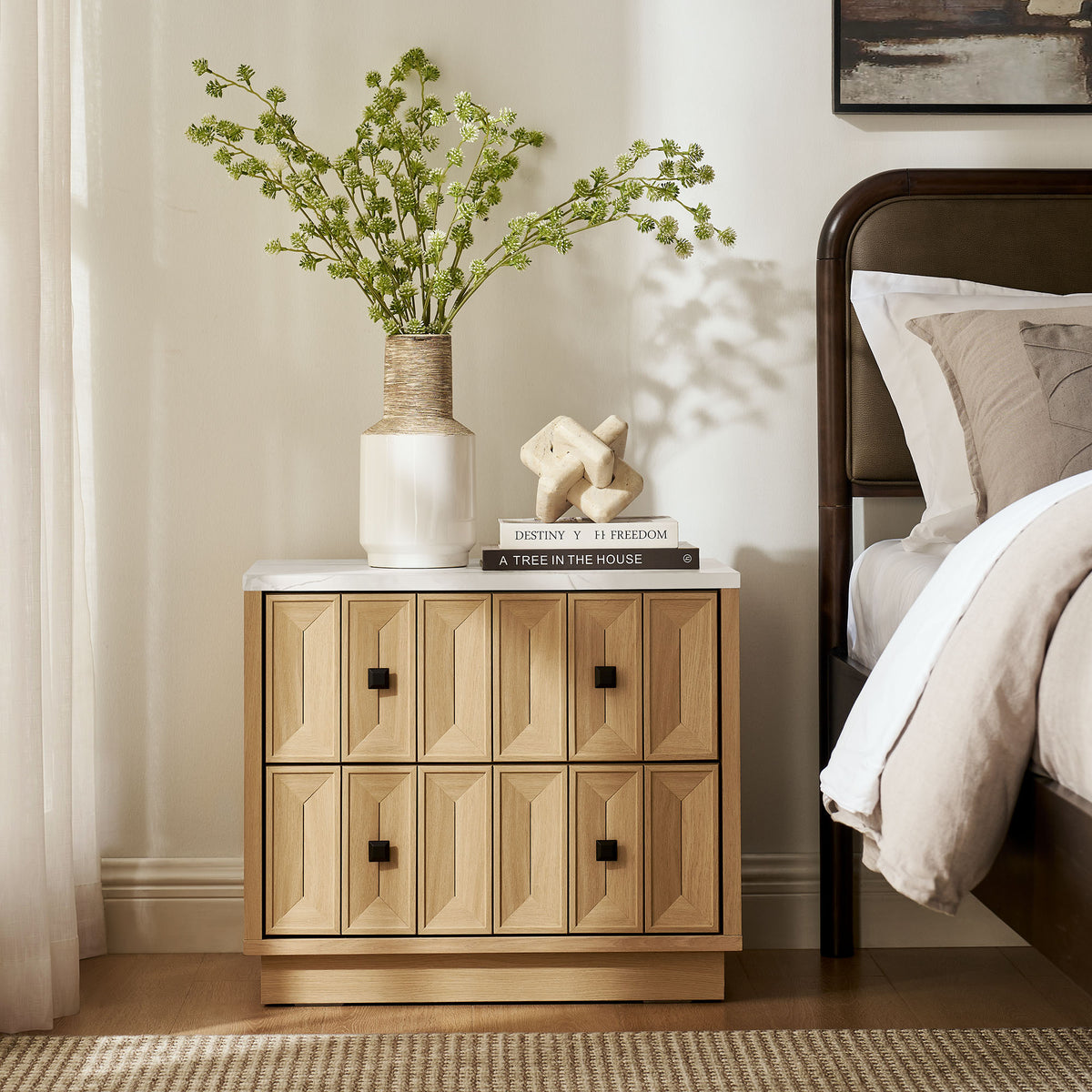 Mabry Oak 23 Inch Geometric Faceted Two Drawer Nightstand - Ornate Home