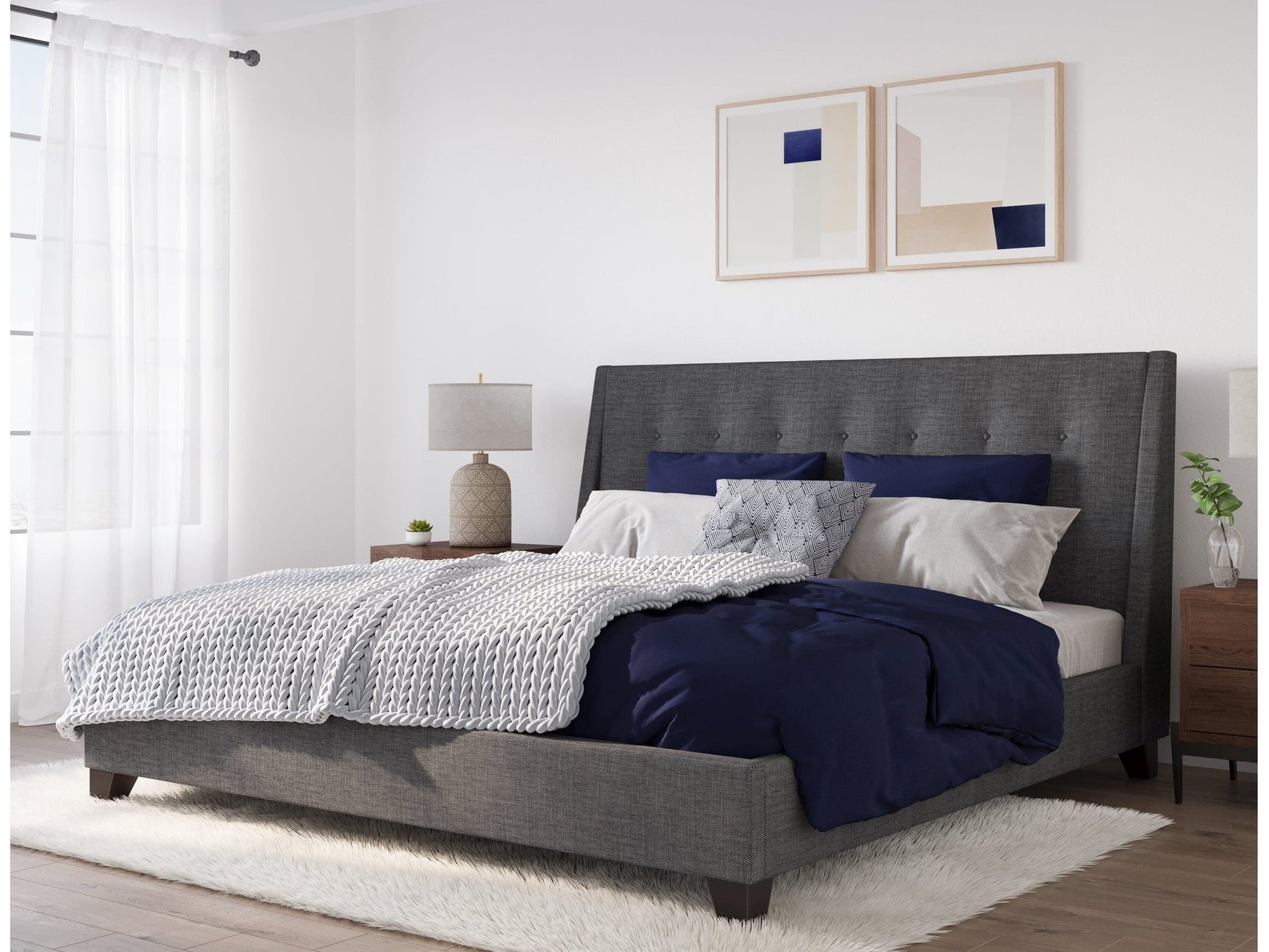 Madera Upholstered Eastern King Platform Bed in Dark Charcoal - Ornate Home