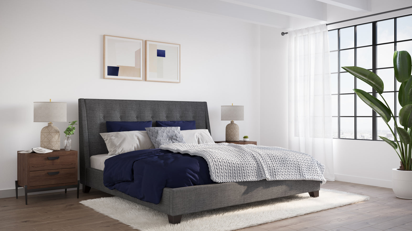 Madera Upholstered Eastern King Platform Bed in Dark Charcoal - Ornate Home