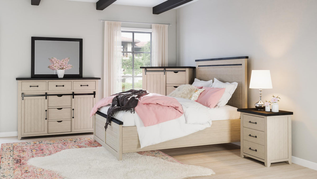 Madison County Vintage White 4-Piece Queen Panel Bedroom Set - Ornate Home